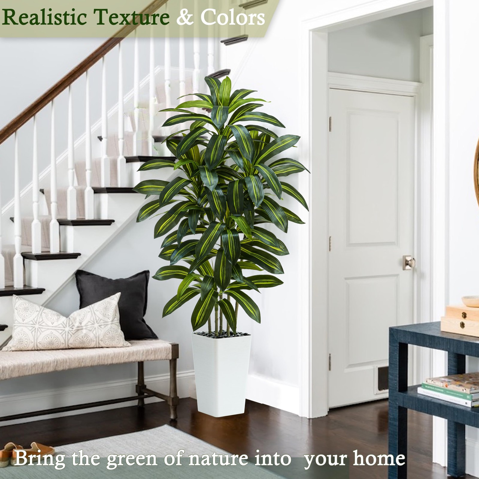 TNGGNT Artificial Dracaena Tree：5FT Faux Silk 5FT, Dark Green – White Pot