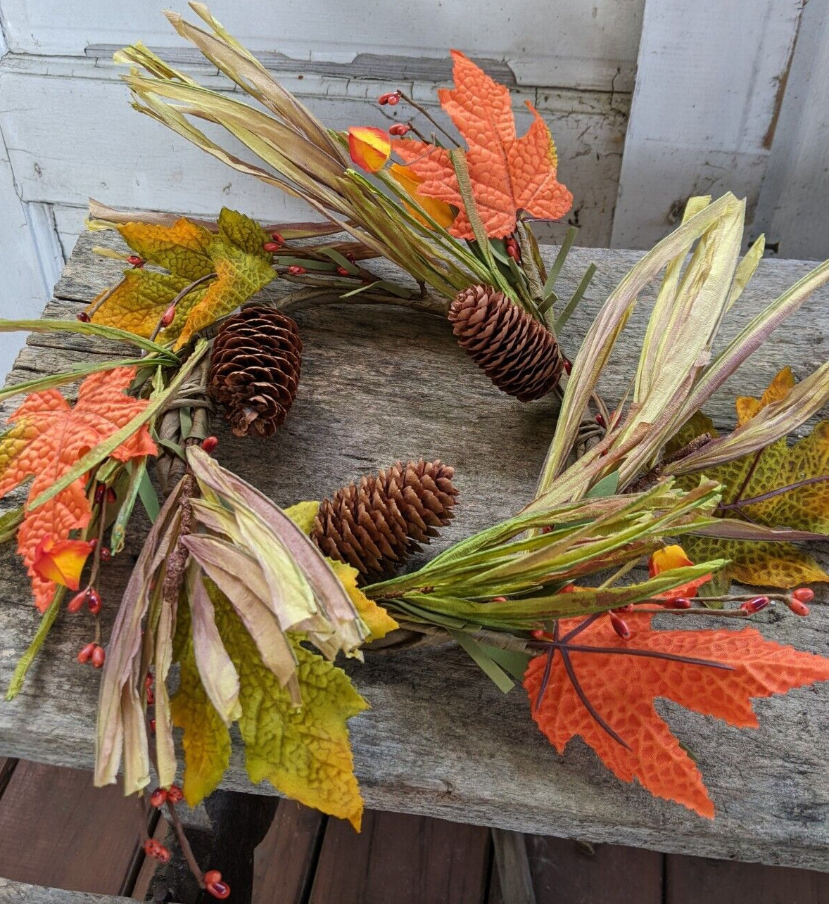 FALL MAPLE LEAF CANDLE RING BERRY PINECONE 6″ x 12″ Harvest Autumn Grass NEW