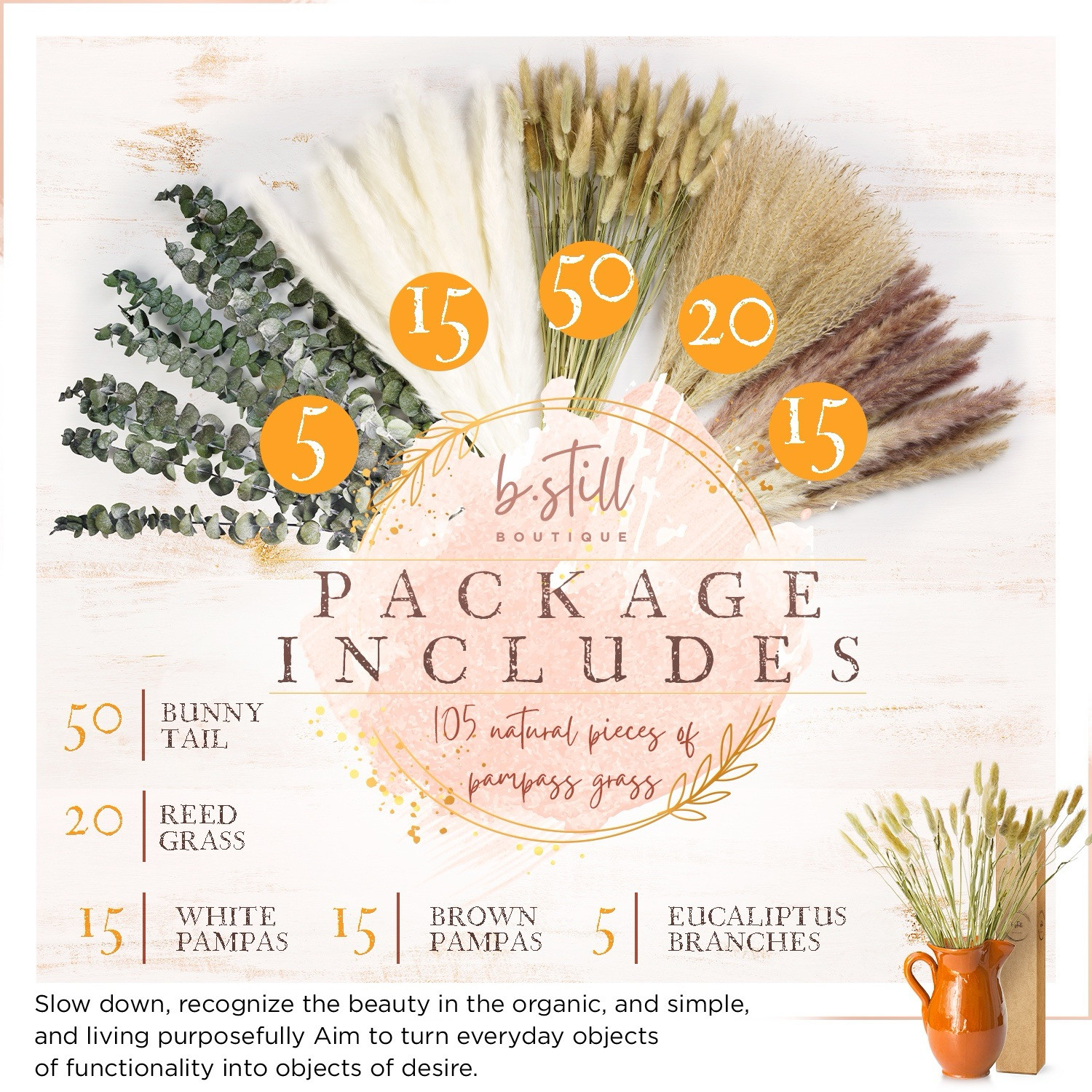 Natural Pampas Grass, 105 PCS Dried Flowers, Home, Wedding Decor Bouquets