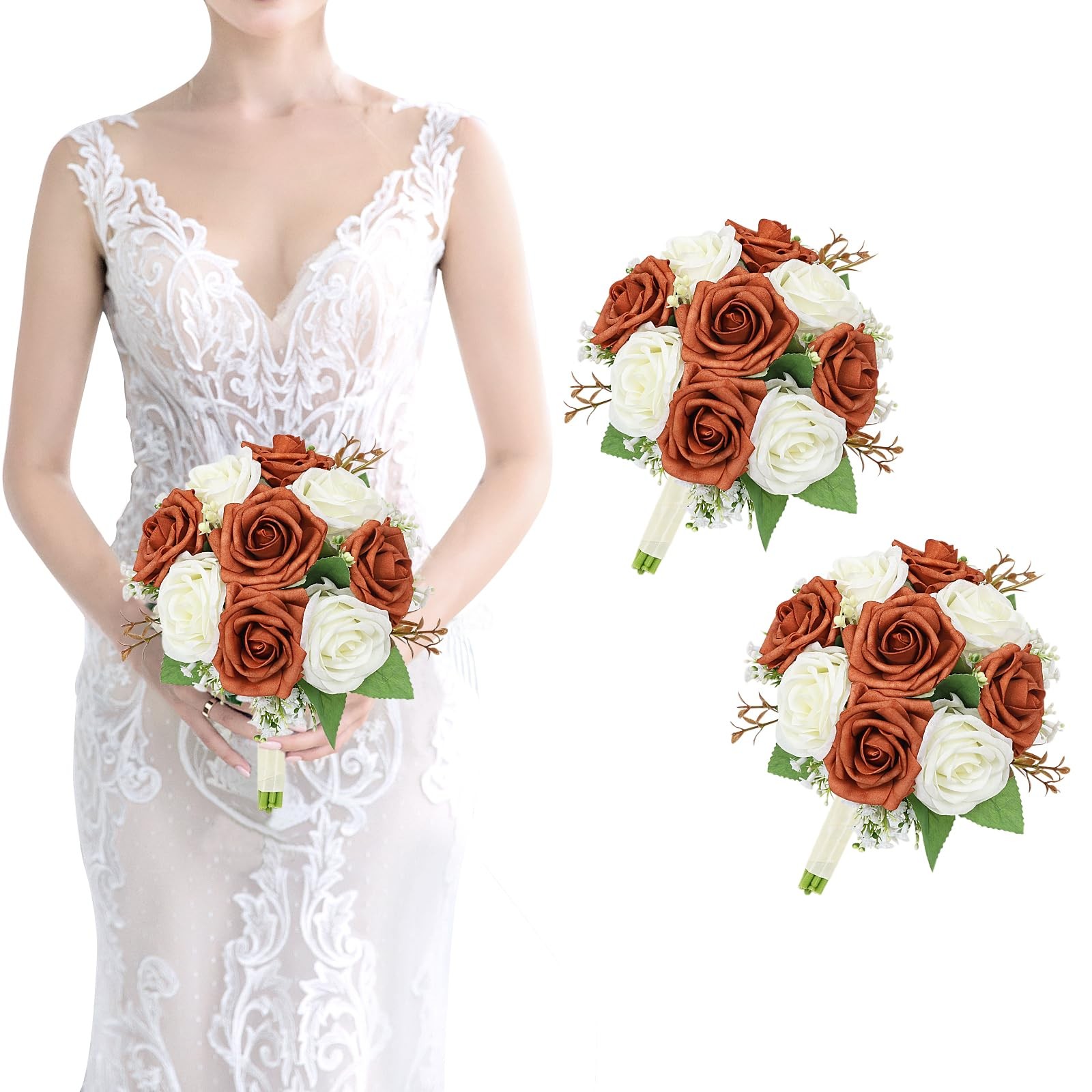 2 PCS 7 Inch Burnt Orange Rose White Baby’s Breath Wedding Bouquet Set