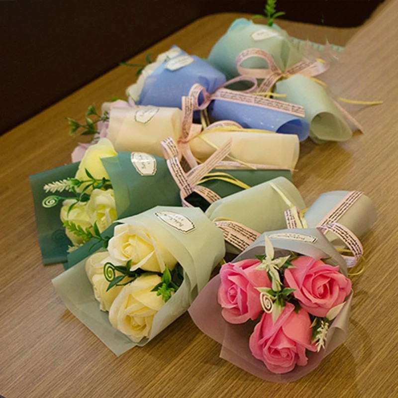 Valentine Rose Soap Flower Bouquet Gift Box with Teddy Bear Romantic Home Decor