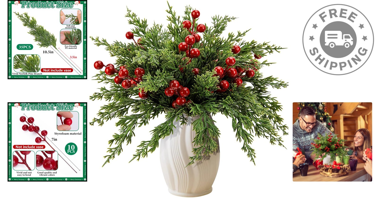 Realistic 45 Pcs Pine Branches with Red Berries – Indoor/Outdoor Holiday Decor