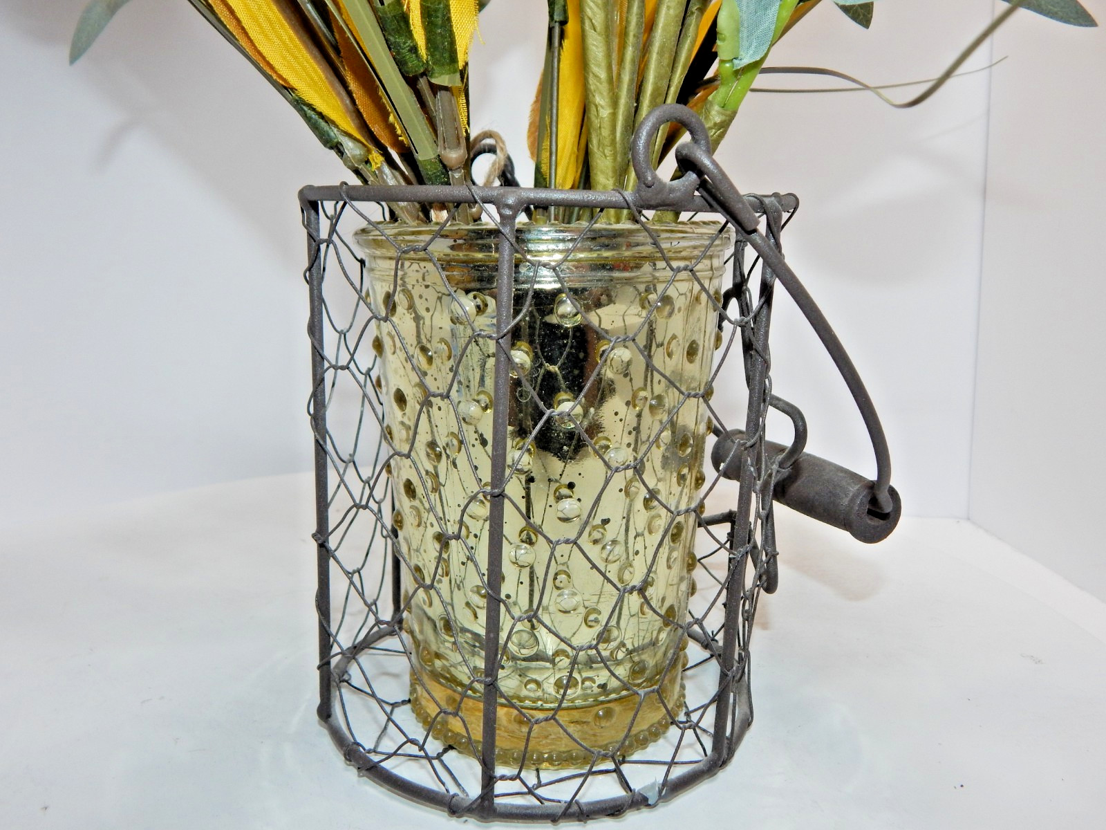 Bouquet Mix Artificial Fall Foilage ripened wheat grains stems glass wire basket