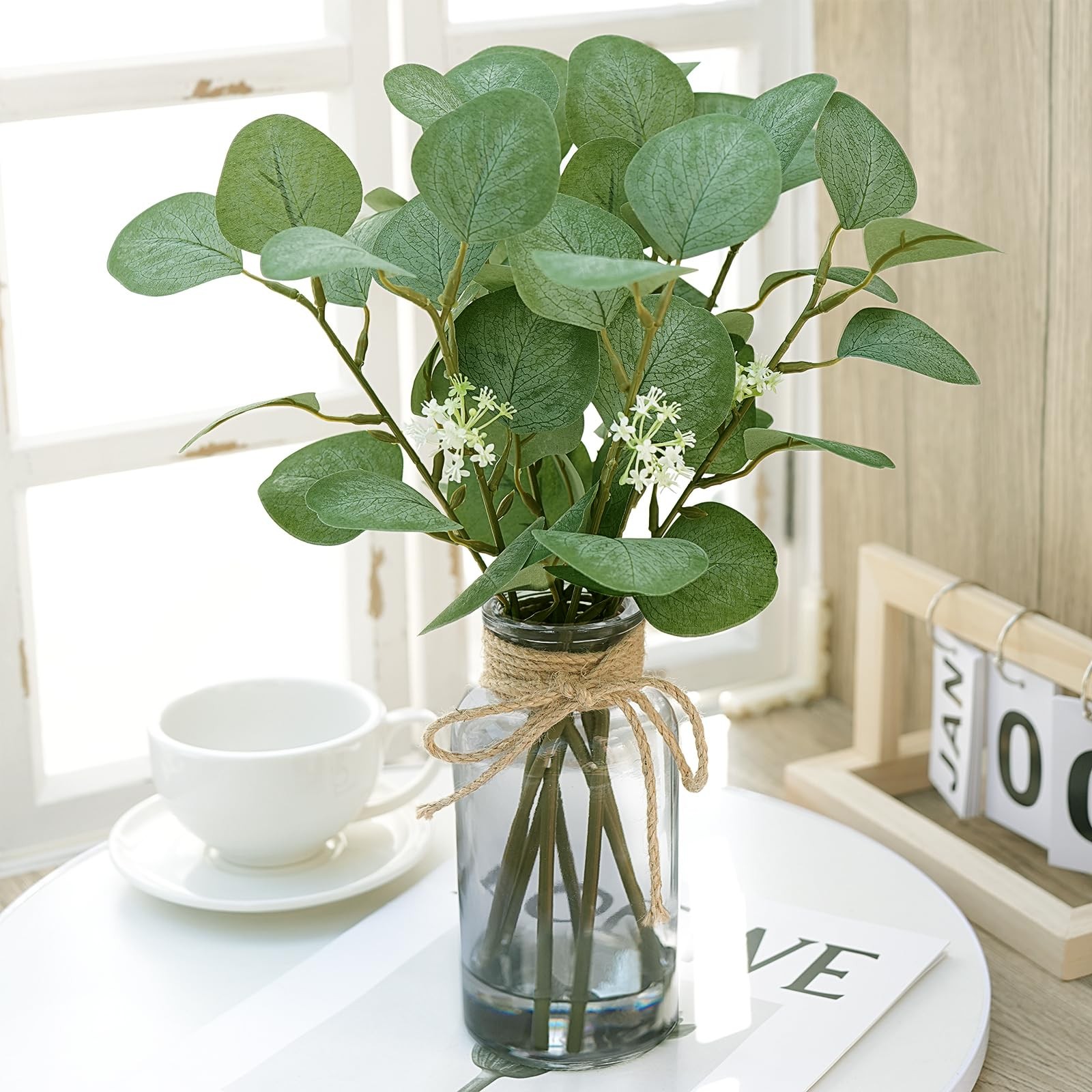 FOREST PRINCE Eucalyptus Stems in Black Vase 15″ Green Silk Decor