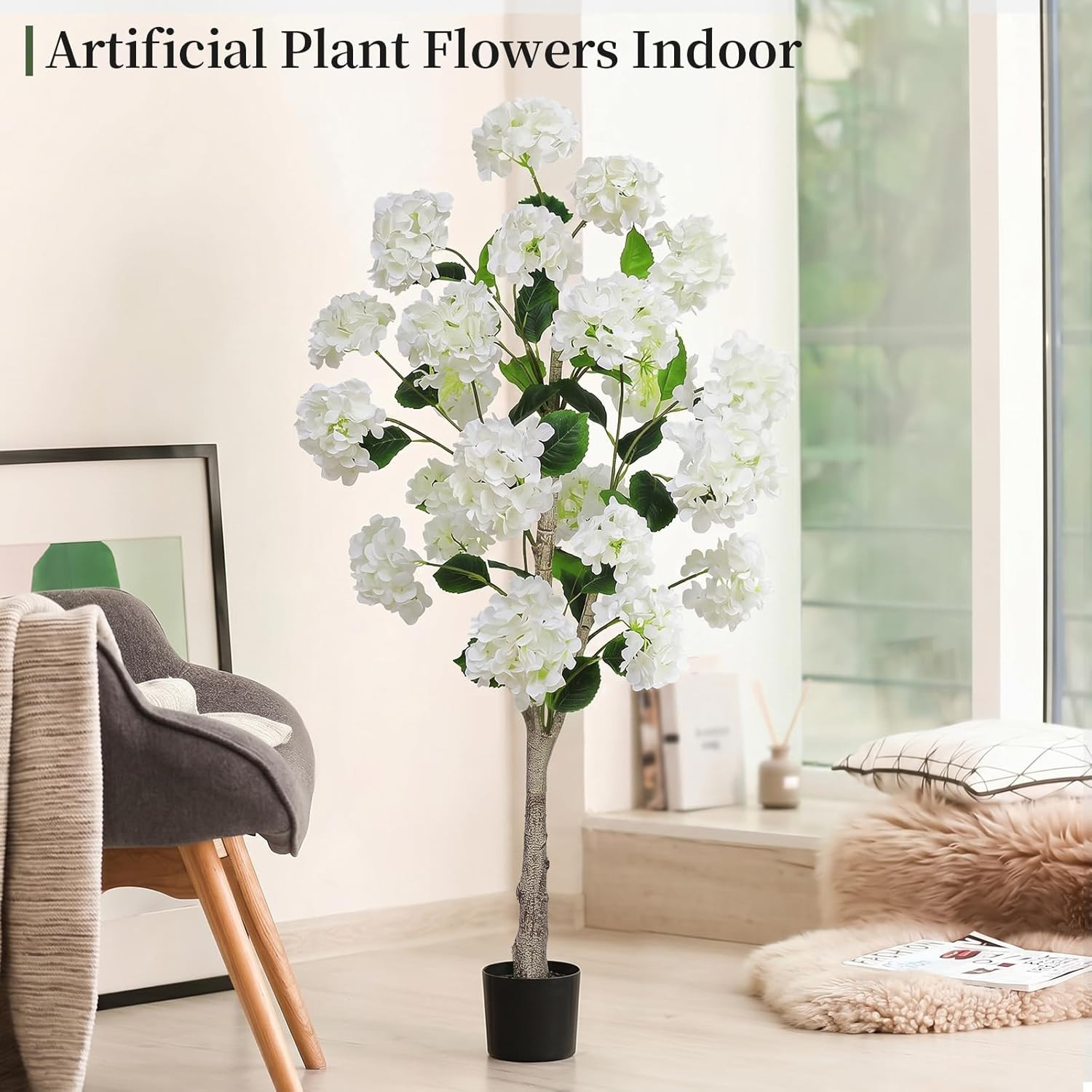 4FT White Hydrangea Artificial Tree – Lifelike Silk Floral Decor for Home & Gard