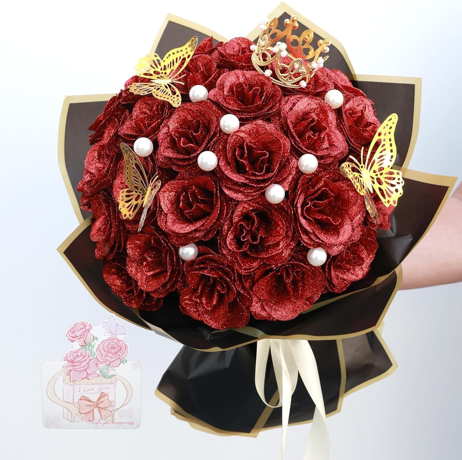 Red Glitter Roses Bouquet DIY Fake Flowers Bouquet Everlasting Shiny Artifici…