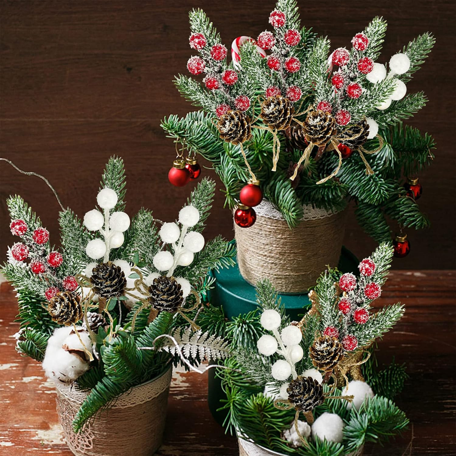 White Berry Stems Floral Pine Cones 10PCS Christmas Artificial Pine Branches
