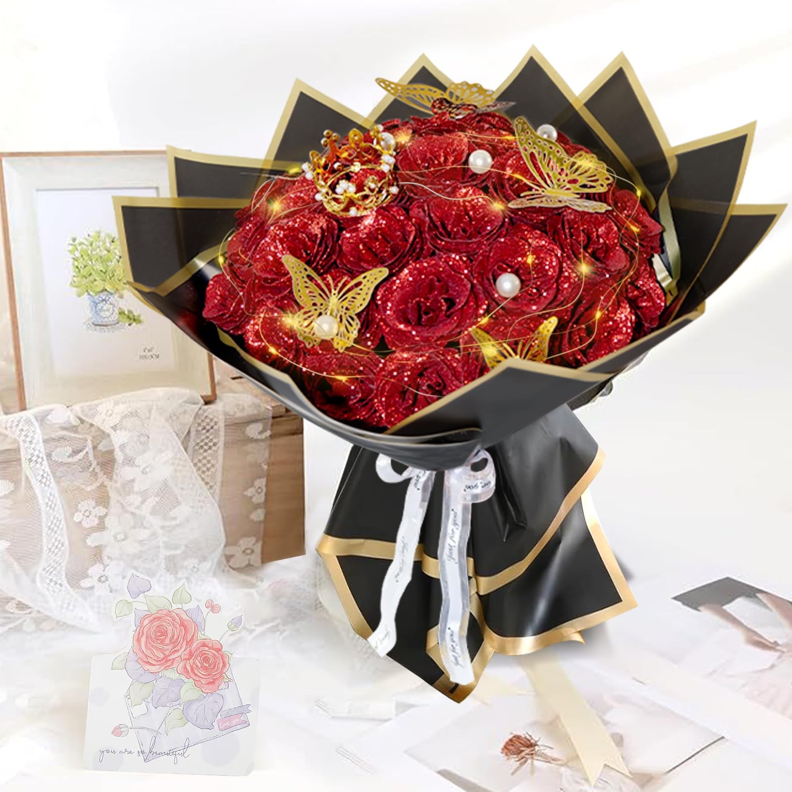 24 PCS Red Glitter Roses Bouquet Shiny Everlasting DIY Artificial Flowers