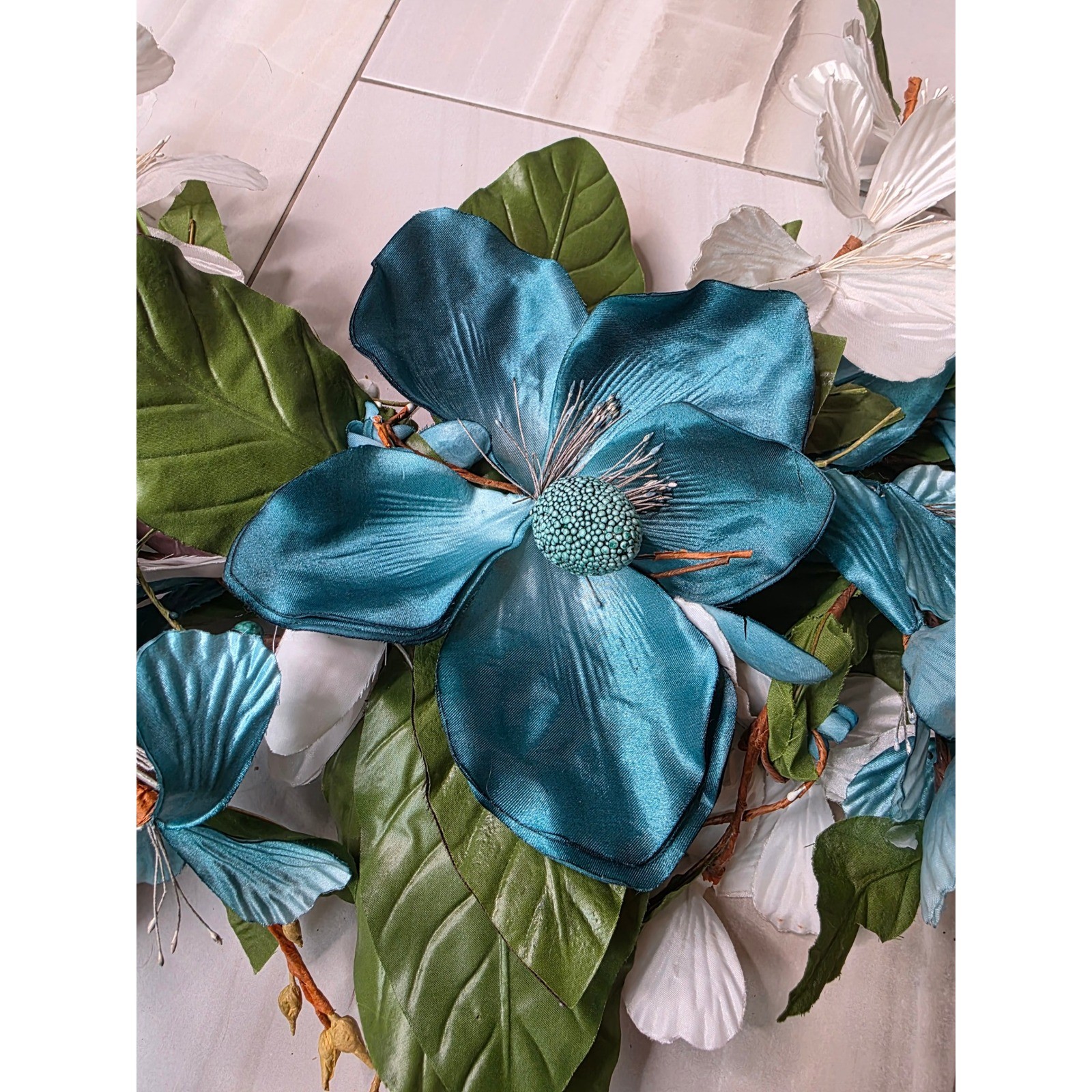 Large Teal & White Floral Wall Decor Metal Flower Wall Art 37″ Wide
