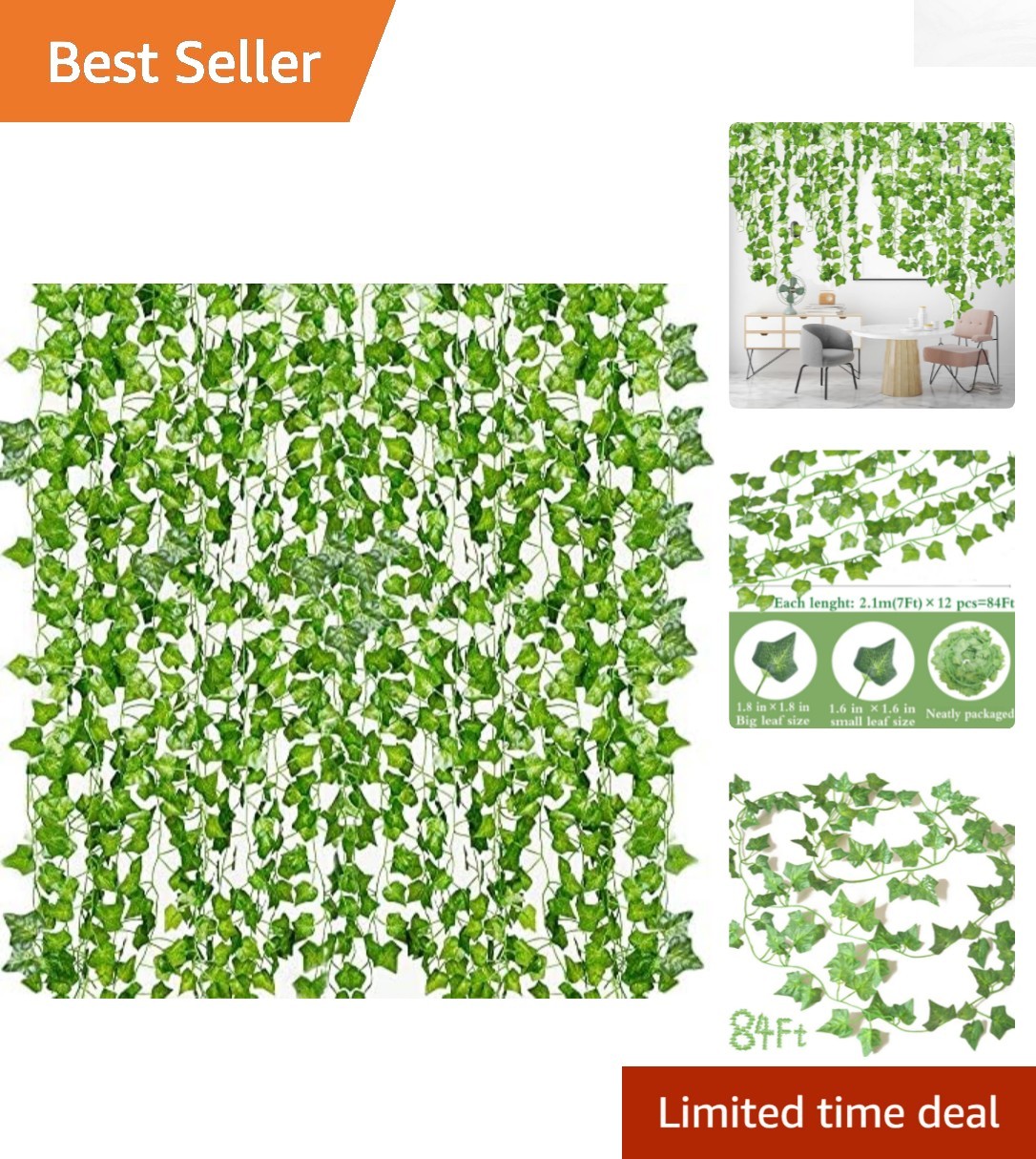 Versatile Artificial Ivy Garland – 12 Strands, 84 Feet for Weddings & Home Decor