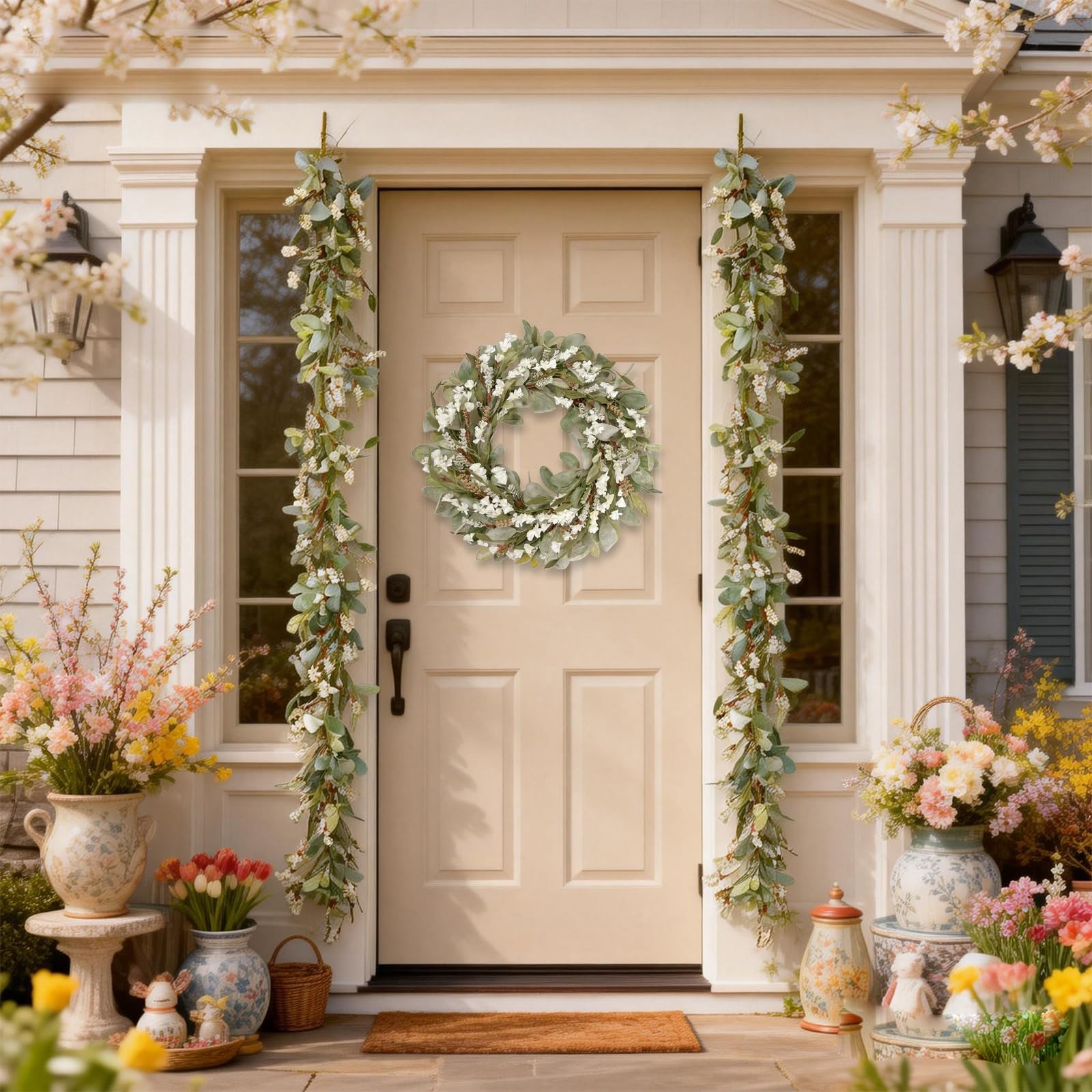 70 Inch Lamb Ears Greenery Garland with Ivory Forsythia Flowers, Year Round F…