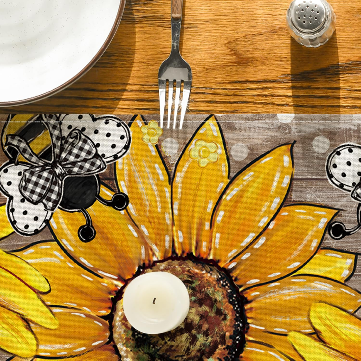 Wood Sunflower Bee Flower Polka Dot Summer Table Runner, Seasonal Kitchen Dining