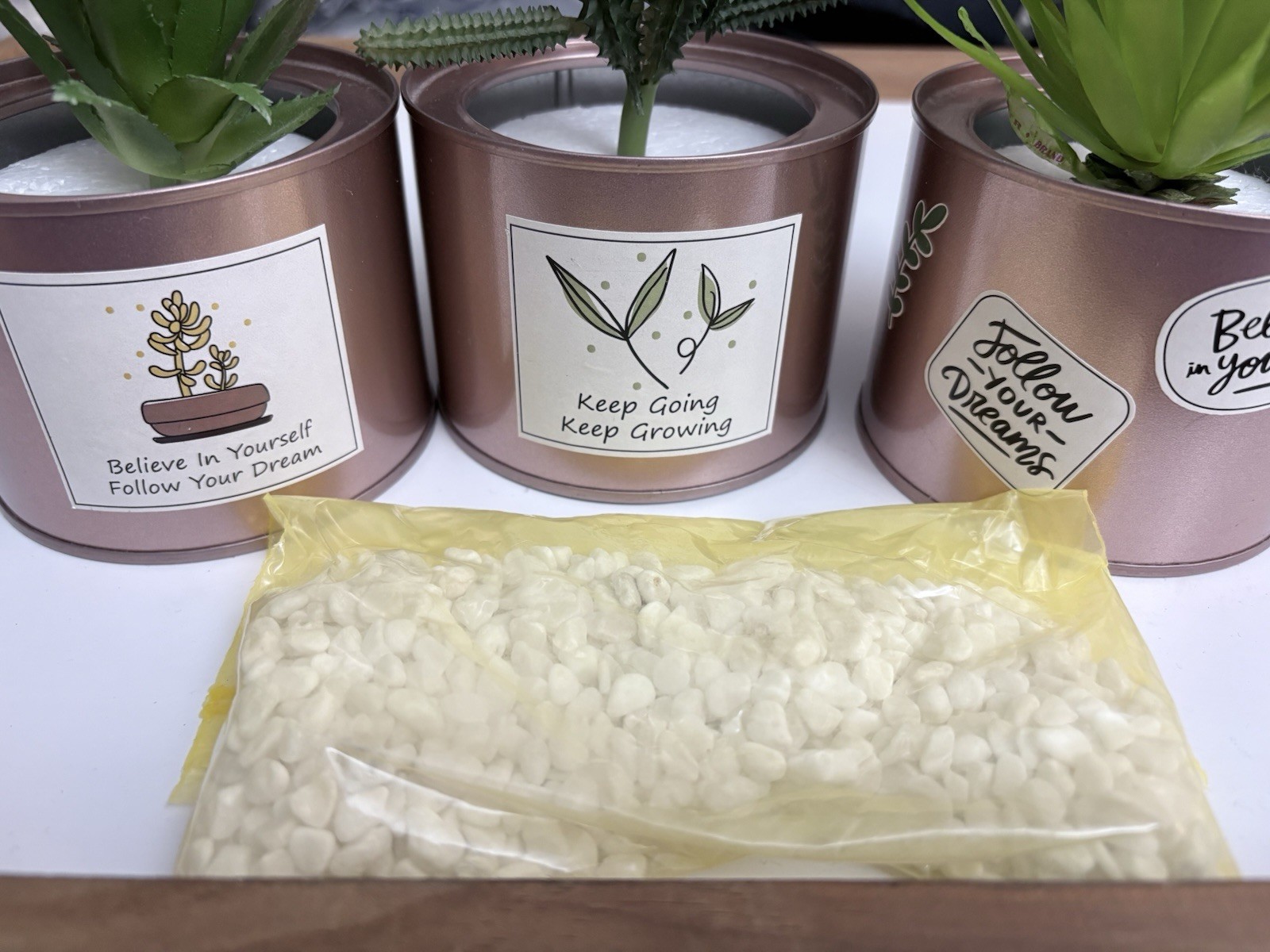 Desk Home Decor Faux Plant with Faux Succulents In Rose Gold Holders Rocks Inclu