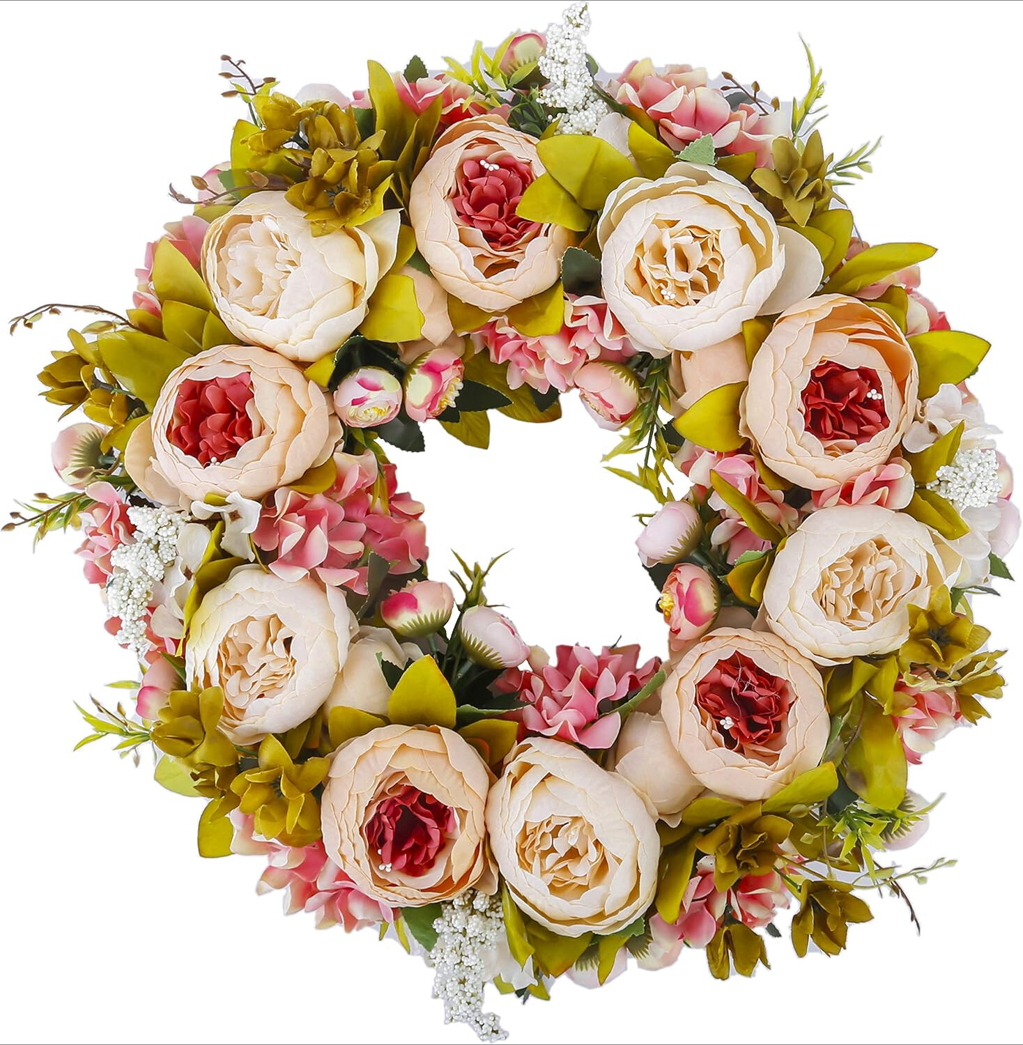 Artificial Peony Wreath 19 Inch Blooming Silk Peony Spring Summer Fall Winter