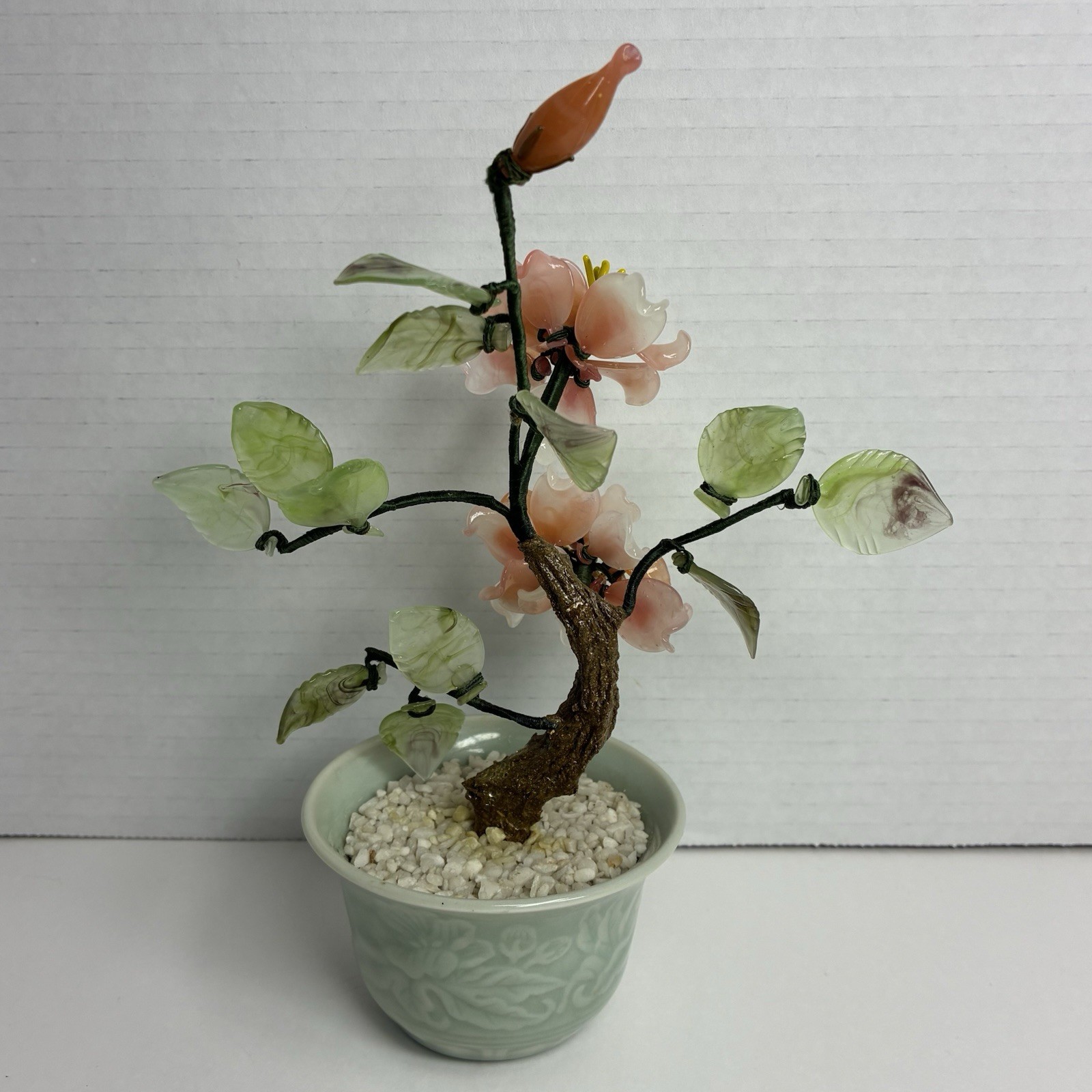 Vintage Glass Bonsai Flowering Tree In Decorative Pot -Pink Flowers Approx 9”