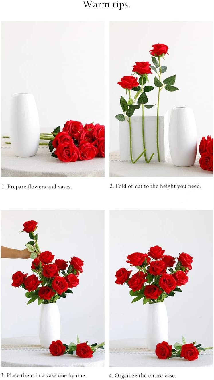 Laelfe 12 pcs Artificial Red Roses Flowers Long Stem Fake Silk Rose for