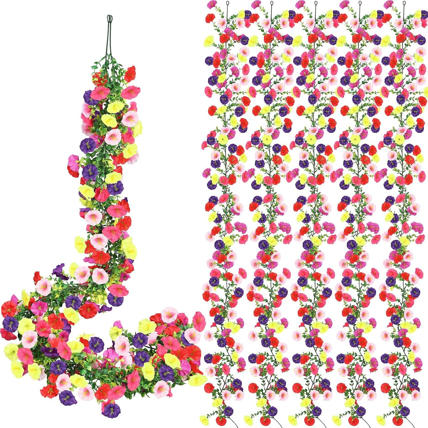 36 Ft Faux Petunia & Eucalyptus Garland – 6 Pcs Colorful Hanging Vines