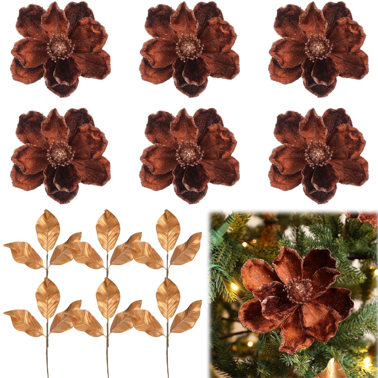 12 Pcs Christmas Magnolia Picks Set 6 Magnolia Flower 6 Golden Leaves Picks G…