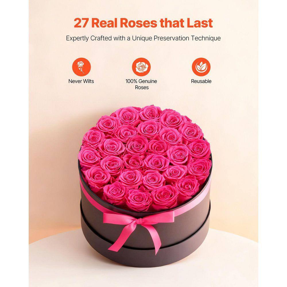 27 Preserved Roses in a Box, 5.51 In. Pink Indoor Artificial Rose in Black Baske