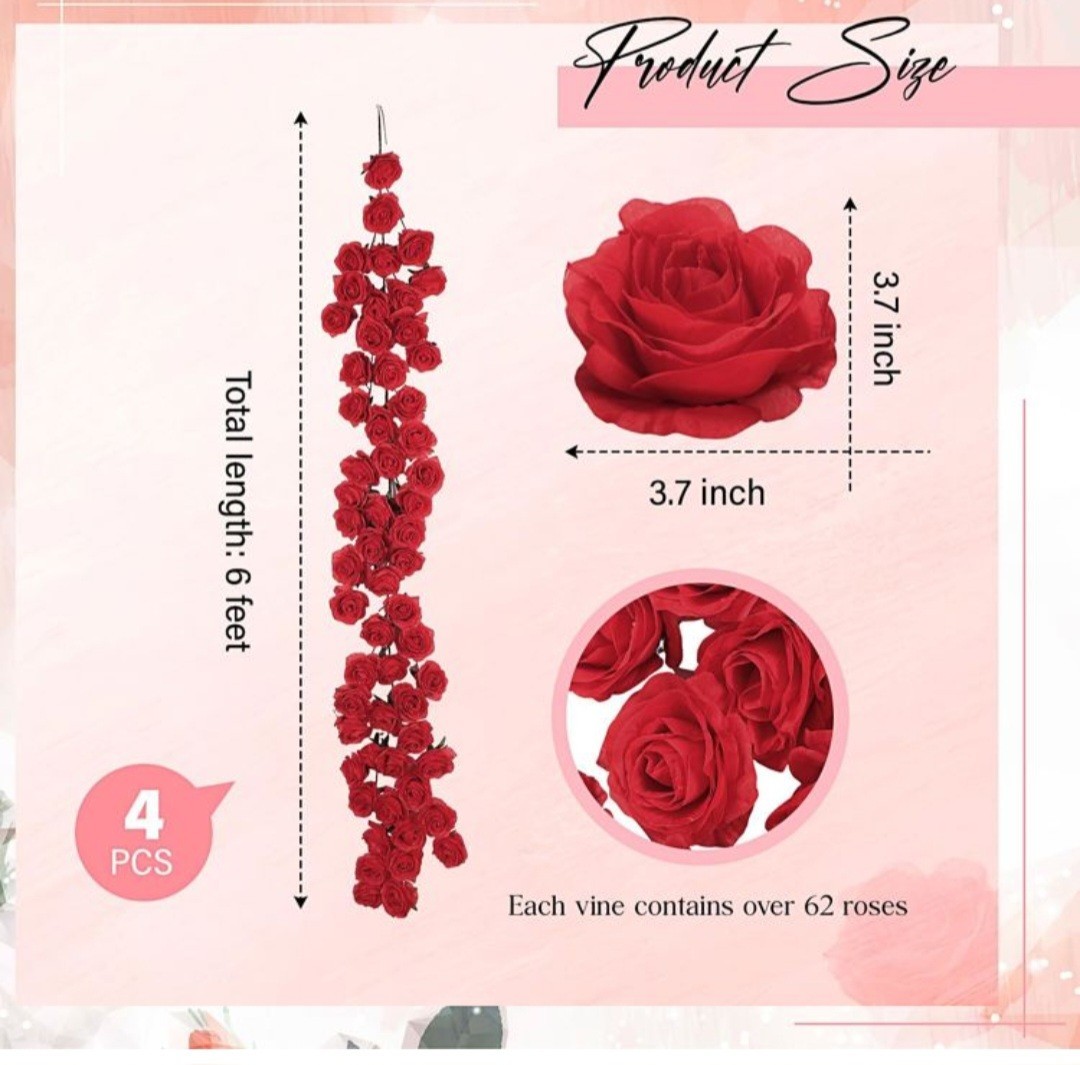 Daifunli 4PCS Red Artificial Rose Vine Garland Wedding Party Decor