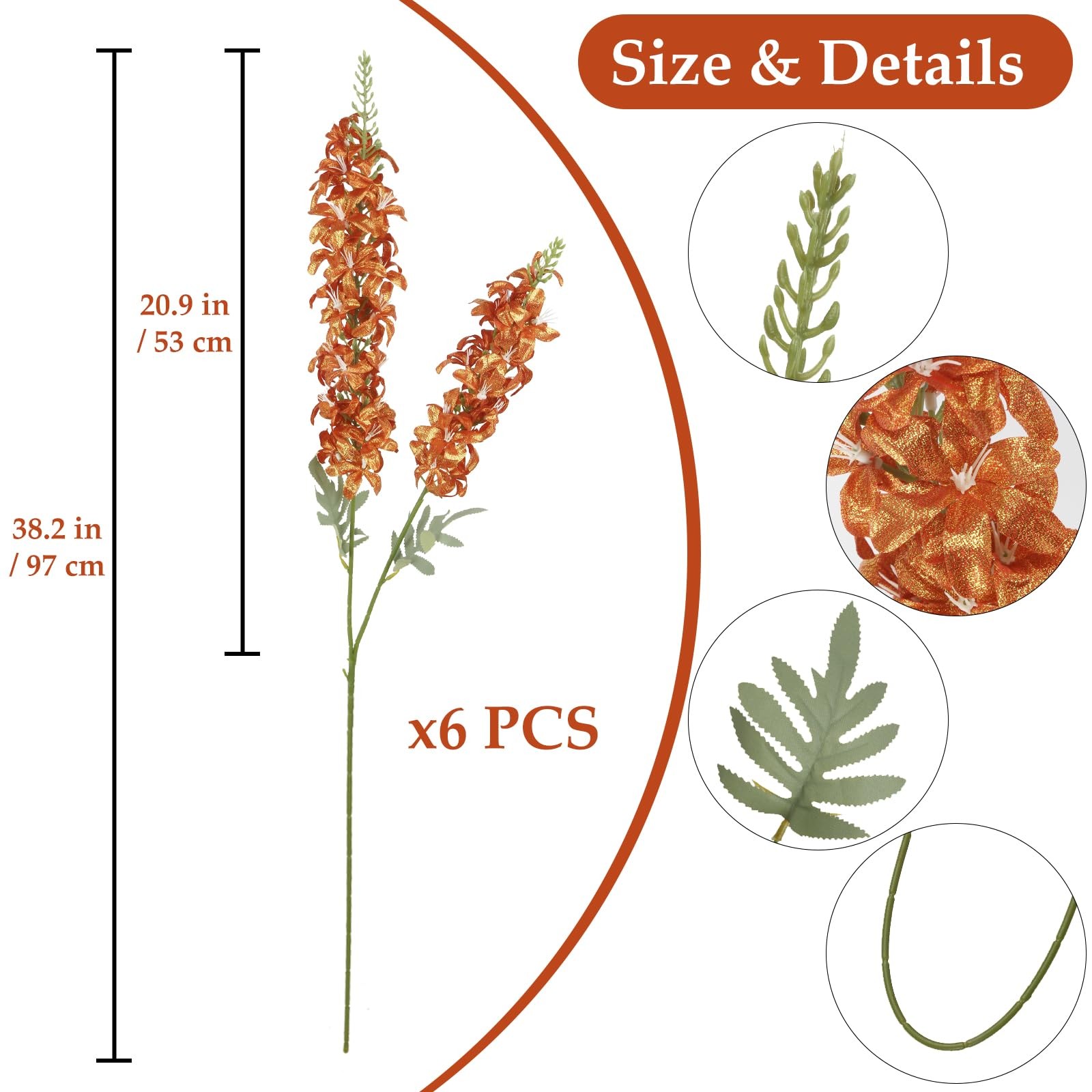 38″ Orange Glitter Delphinium Artificial Flowers, 6PCS Sparkle Metallic Silk …