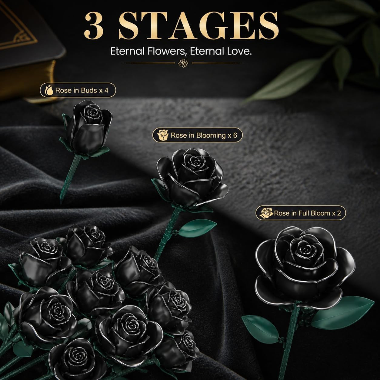 Black Roses Bouquet Building Set, 634Pcs Artificial Rose DIY Floral Home Office