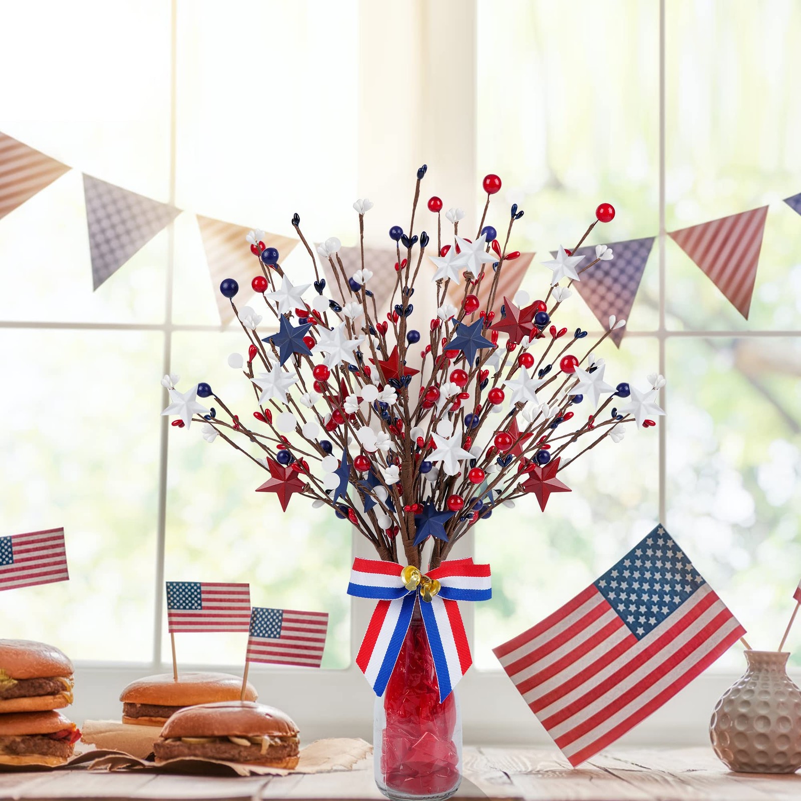 Patriotic Artificial Stem Picks Red White Blue Star for 4th of July