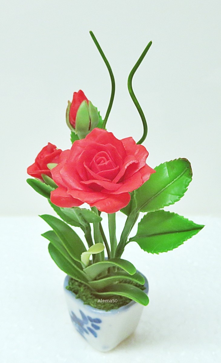 Us Stock 4’H Miniature Red Rose Polymer-Clay Flower Handmade Arranged-Potted