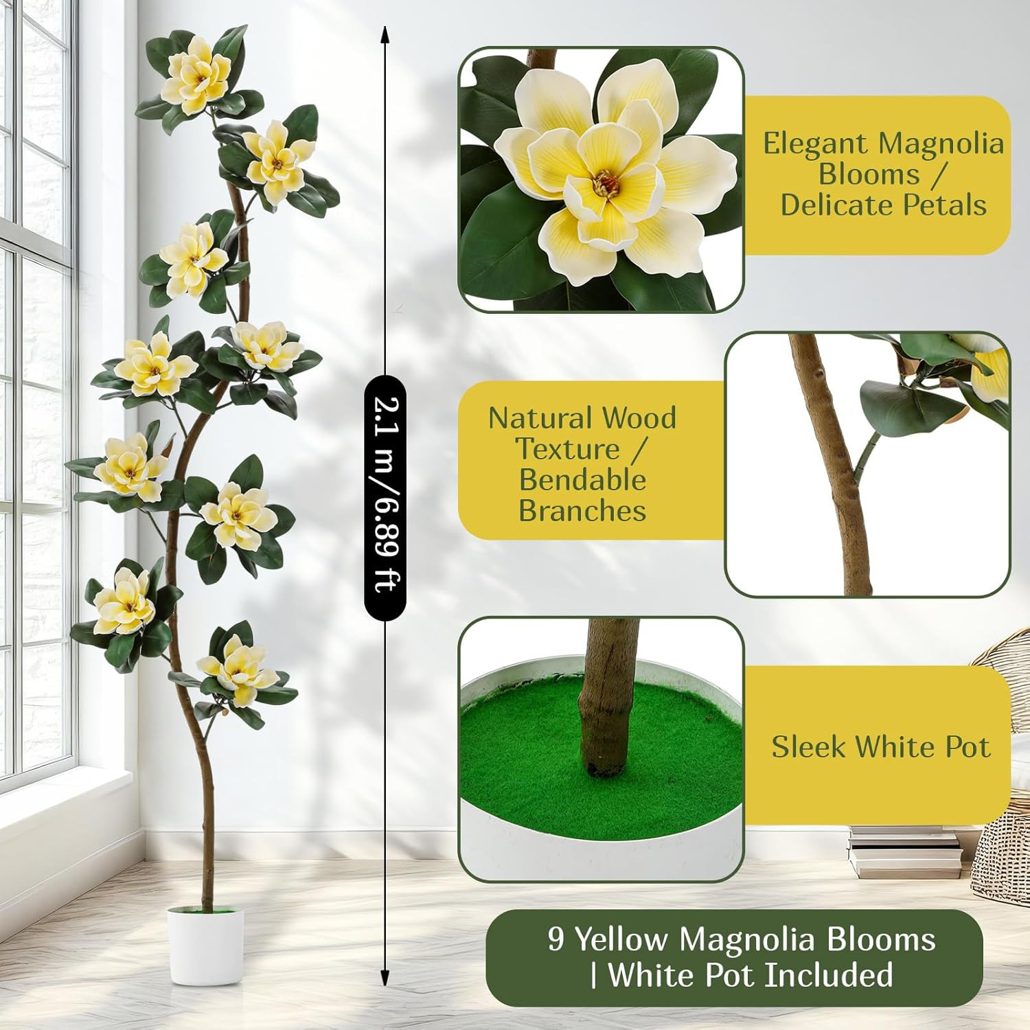7 Ft Faux Rubber Tree with Magnolia Flowers for Indoor Decor