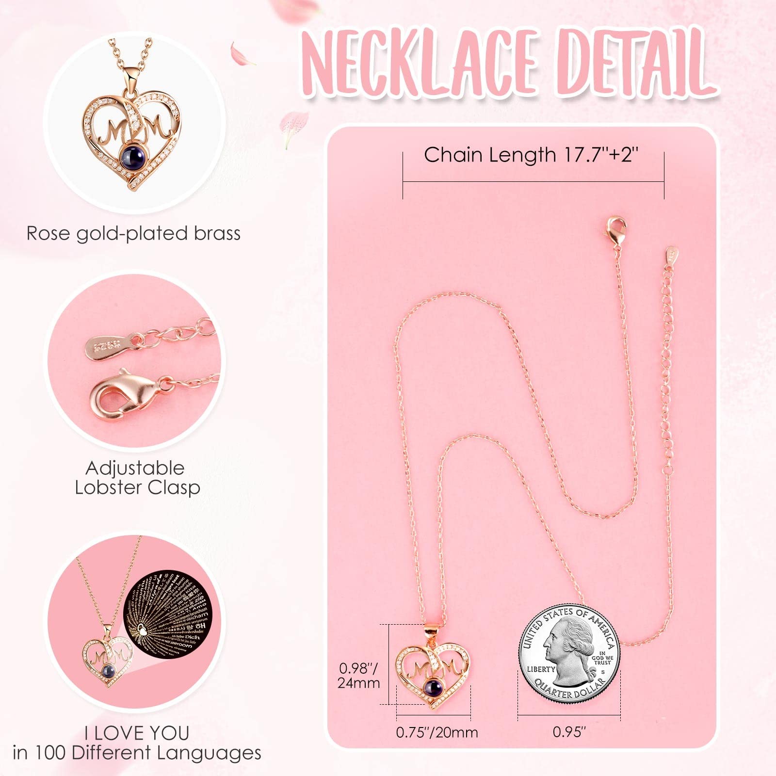 Preserved Real Roses with I Love You in 100 Languages Mom Necklace Set, Uniqu…