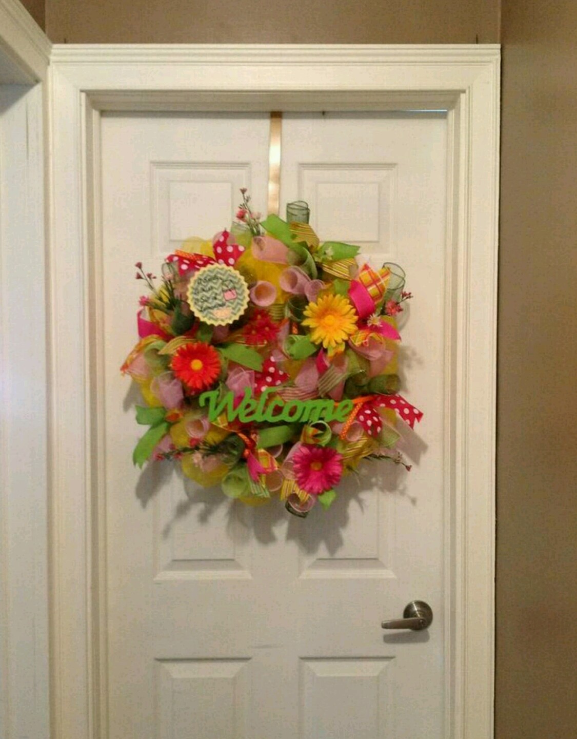 Summer Yellow,Green,& Pink, Flower,Ribbon Lemonade Deco Mesh Welcome Wreath