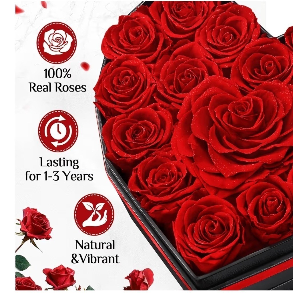 Preserved Red Roses 7″Gift Box with Purple Heart Pendant Necklace