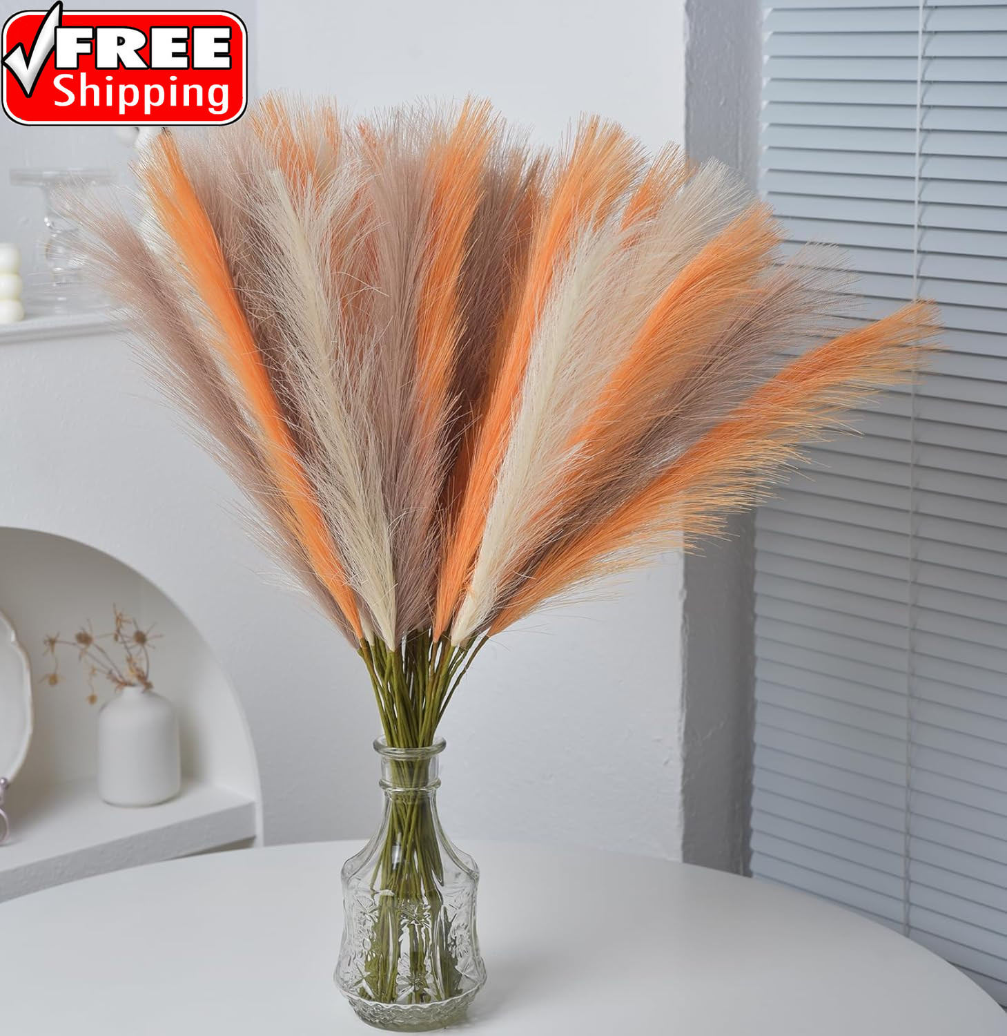 Orange Pampas Grass Decor,23Inch 12Pcs Faux Pampas Grass Bouquets Artificial Pam