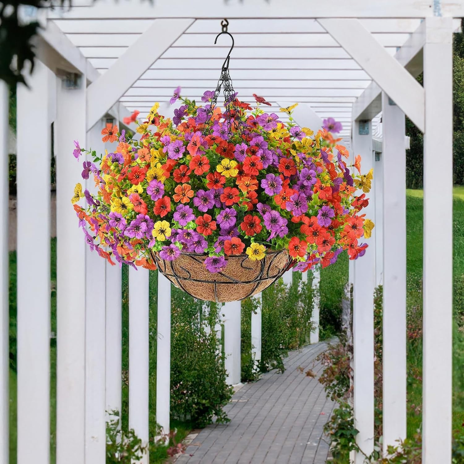 Artificial Faux Hanging Plants Flowers with Basket for Outdoor Outside Decora…