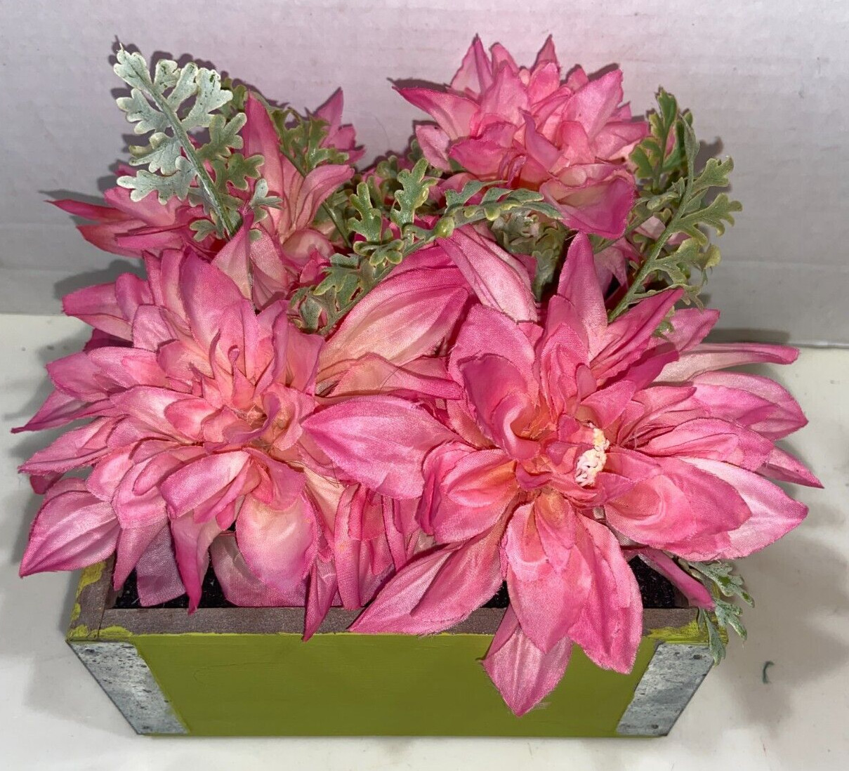 Floral Arrangement Pink Flowers Green Wood Container 3X7X7″