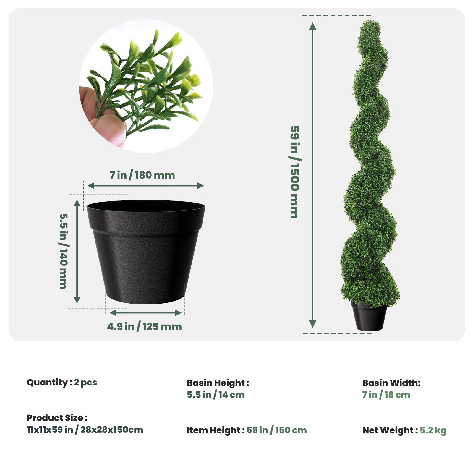 2PCS 5FT Artificial Boxwood Spiral Topiary Trees Rust-Resistant Faux Green Plan