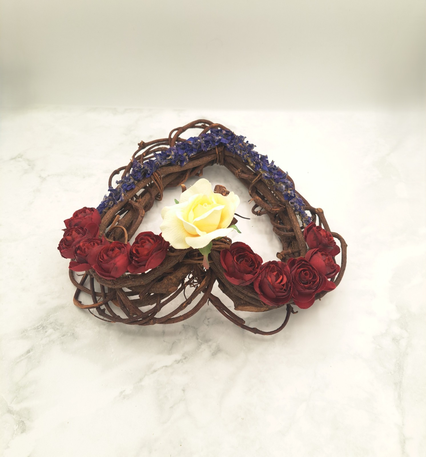 Handmade Red, White & Blue Willow Heart Flower Arrangmt. w/ Dried & Silk Flowers