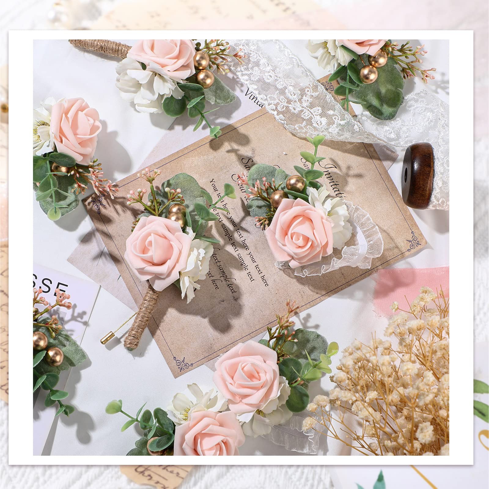12 PCS Pink Wedding Wrist Corsage and Boutonniere Set Prom Accessories