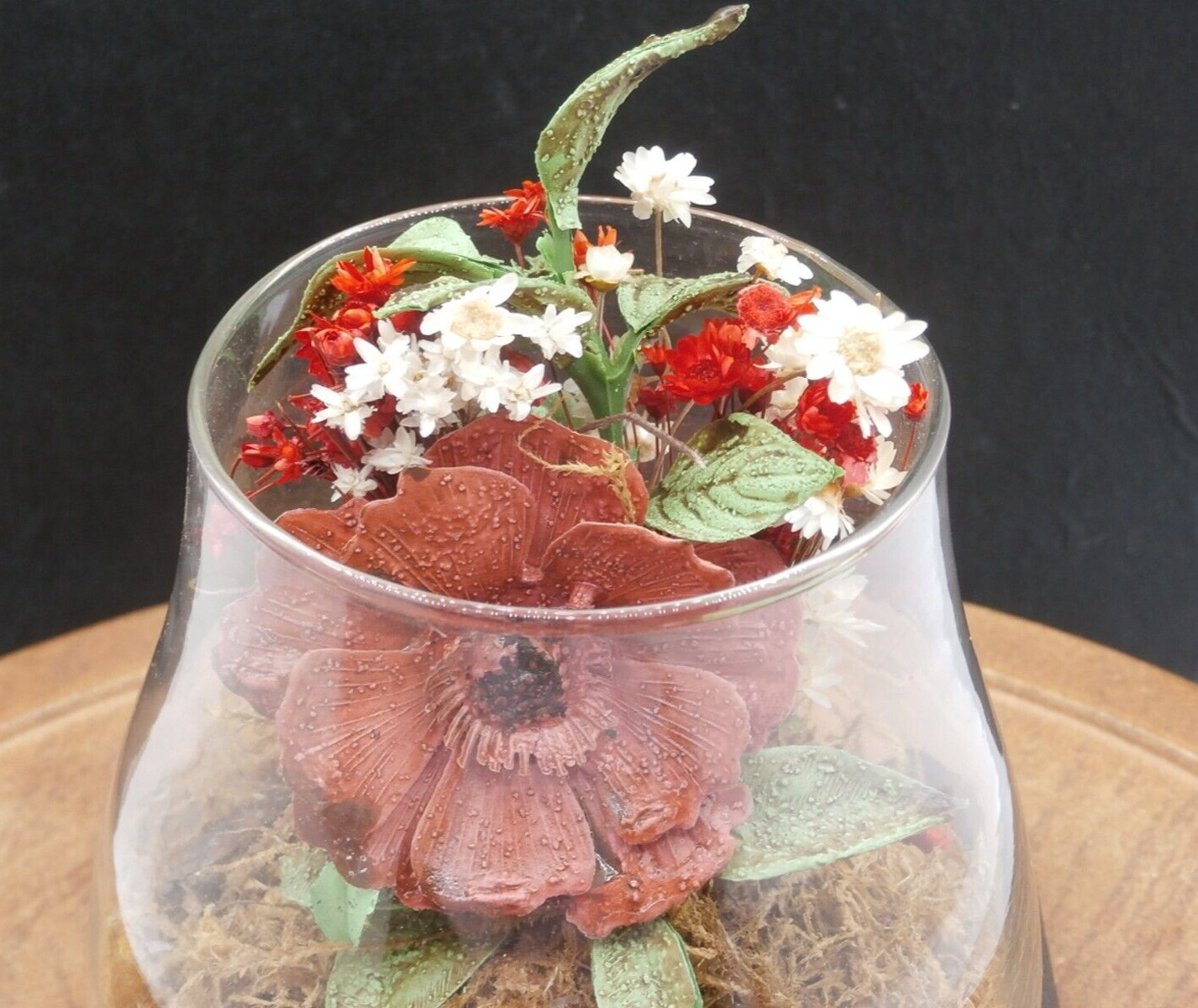 Vtg Mushroom-Shaped Glass Terrarium w/Dried Flowers Wood Stand Leonard Creations