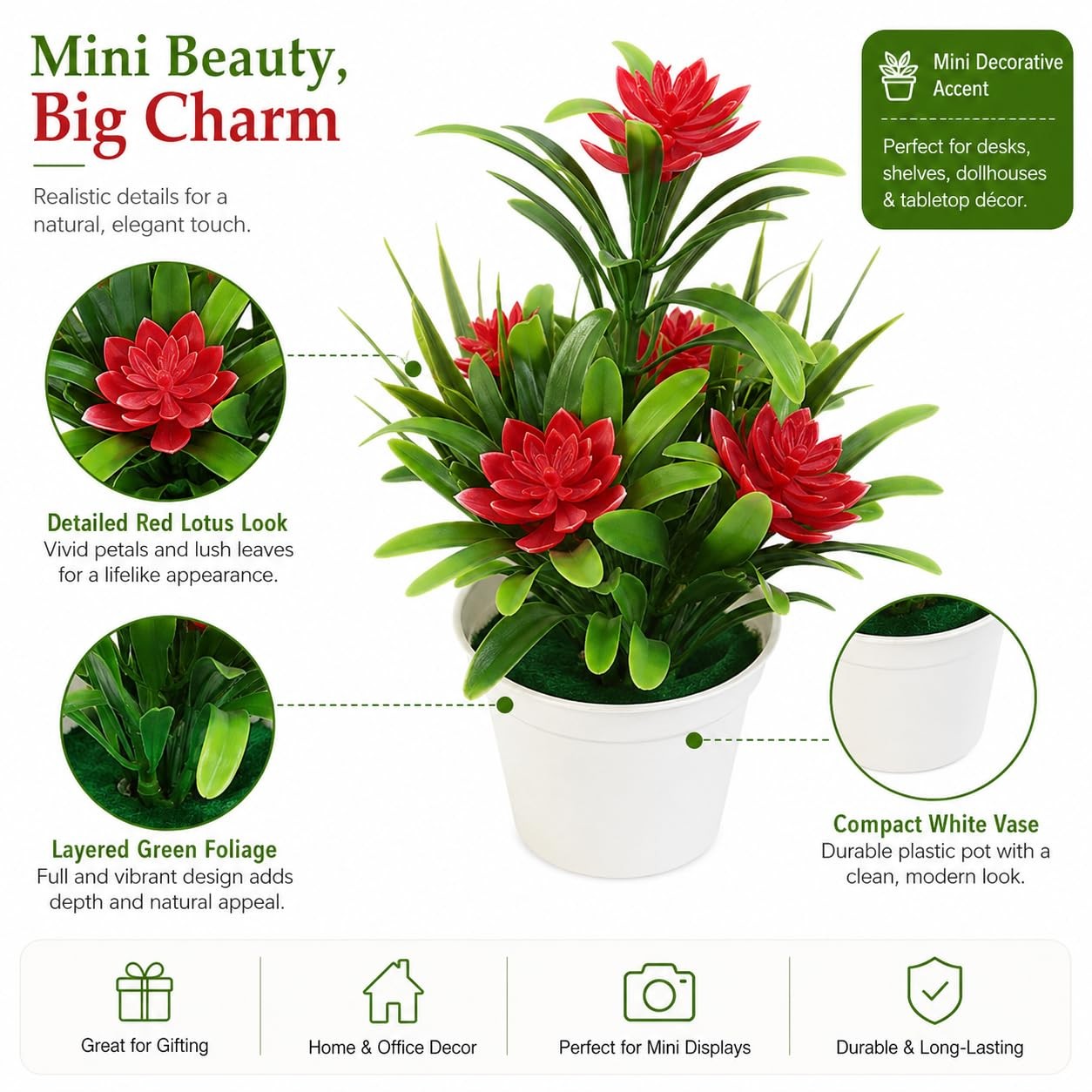 Dollhouse 1: 12 Red Artificial Lotus Flowers in Plastic Vase, Mini Potted Flo…