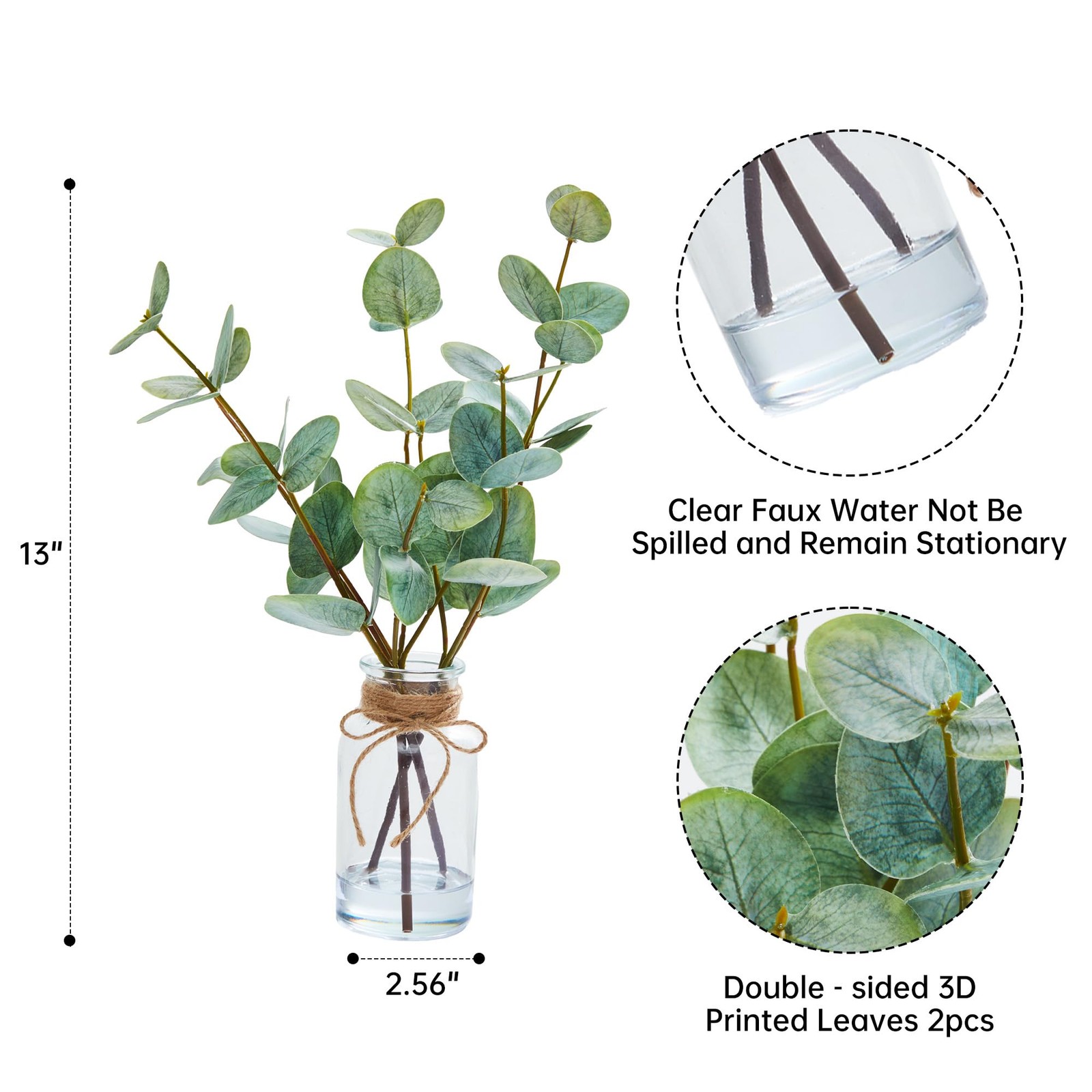 13″ Artificial Eucalyptus Stems in Vase, 2-Pack Faux Plants with Green Leaves