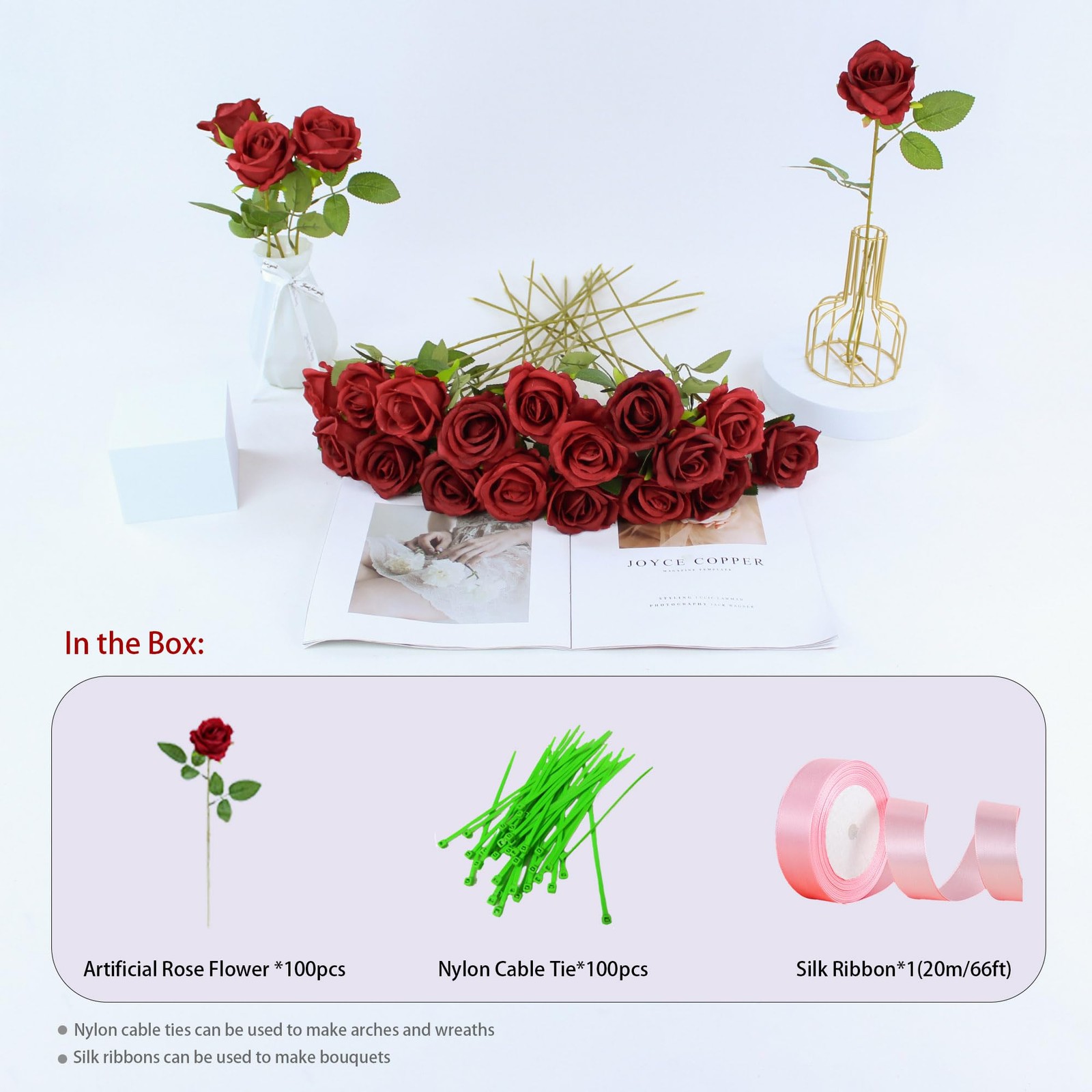 100pcs Artificial Roses in Bulk Fake Silk Roses with Stem Realistic Red Roses…