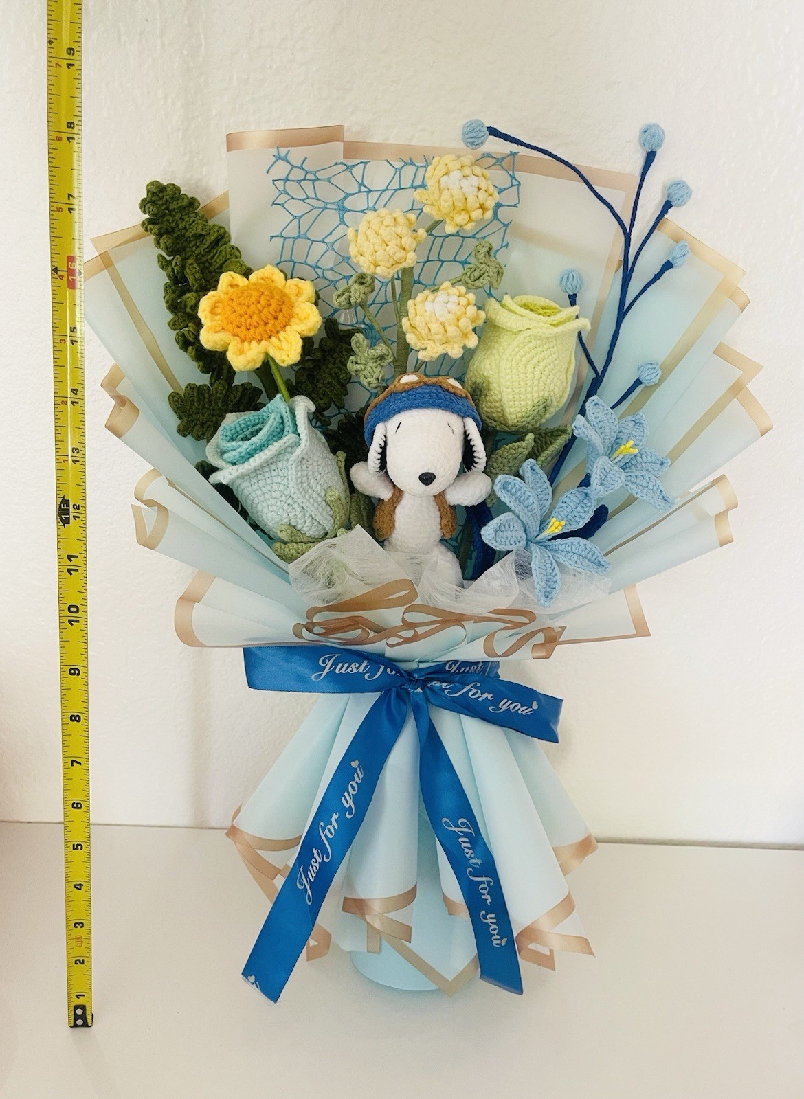 Artificial Crochet Sunflower Flower Bouquet, Blue Wrap & Ribbon, 20 in