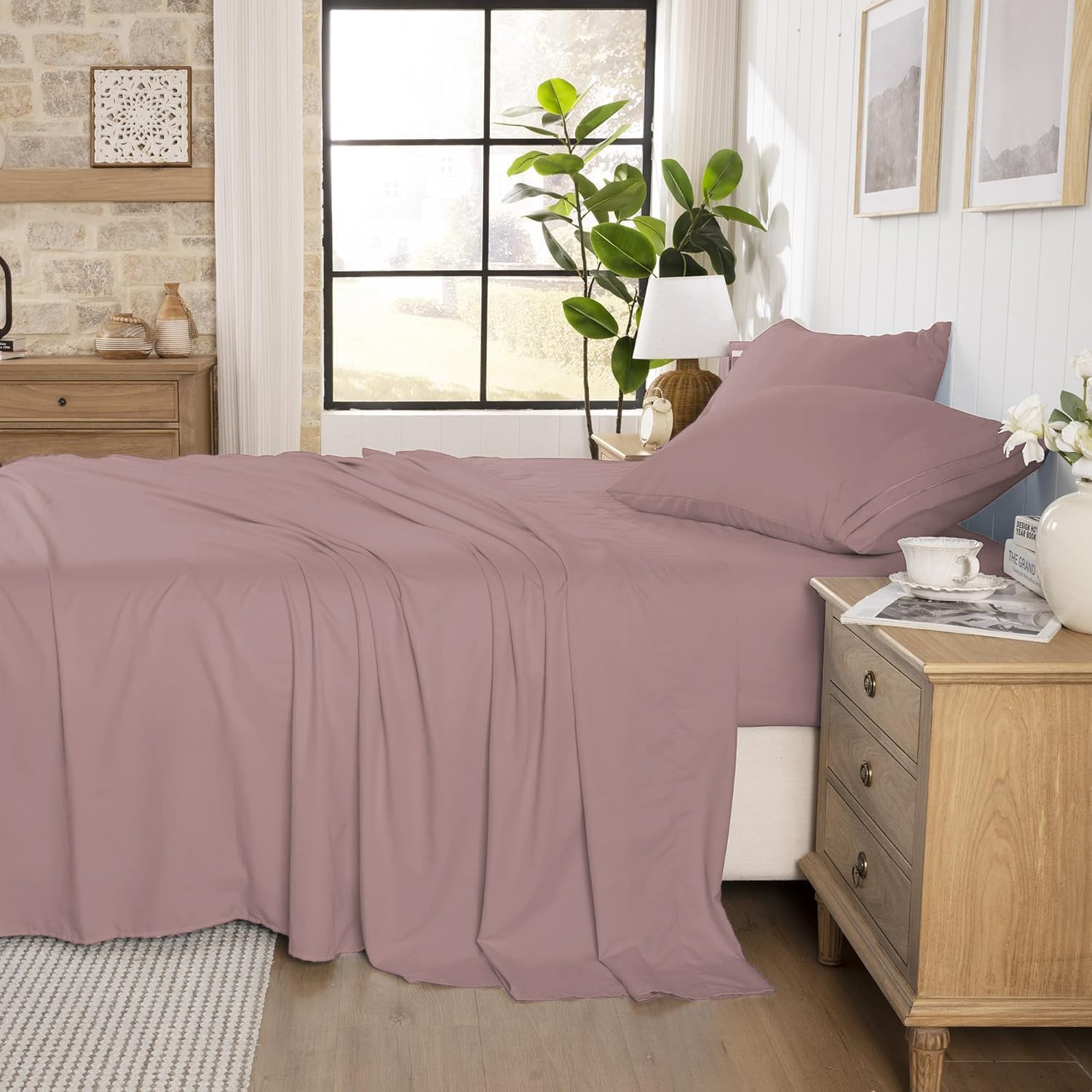 Queen Sheet Set, Pre-Washed Cotton-Like Brushed Microfiber, 4 Pcs Super Soft Bre