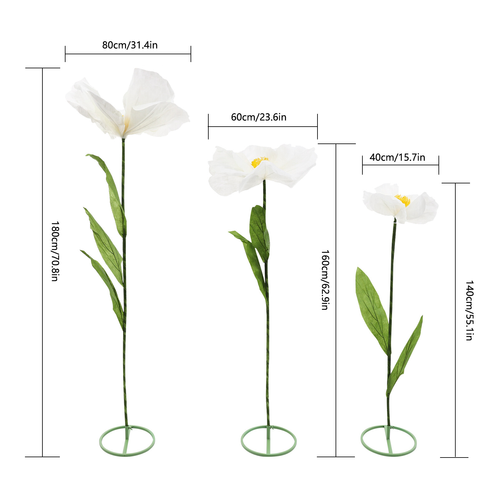Set of 3 Artificial Flower Free Standing White Corn Poppy Decor Home Wedding