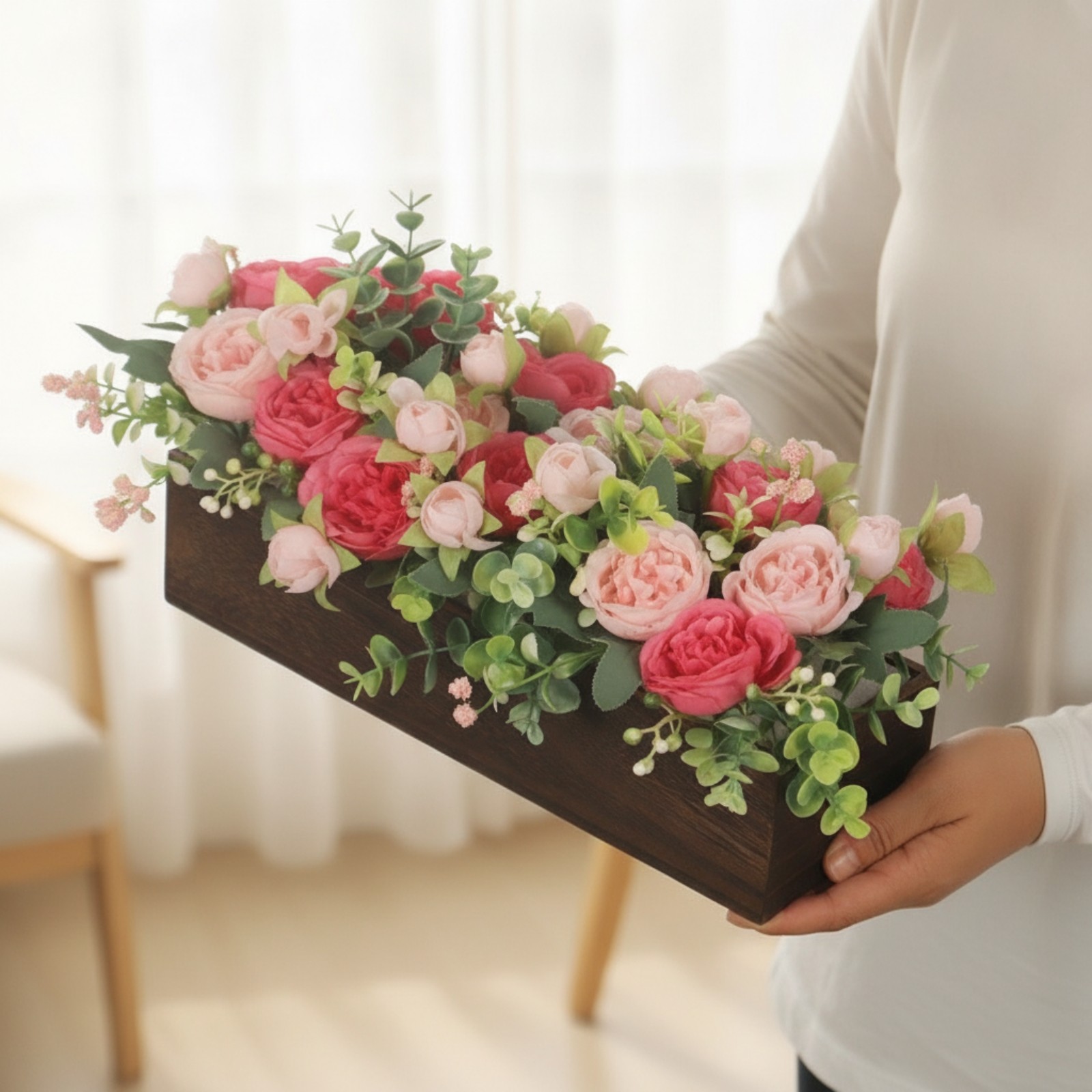 Faux Floral Centerpiece with Wooden Planter Box Full for Bridal Parties