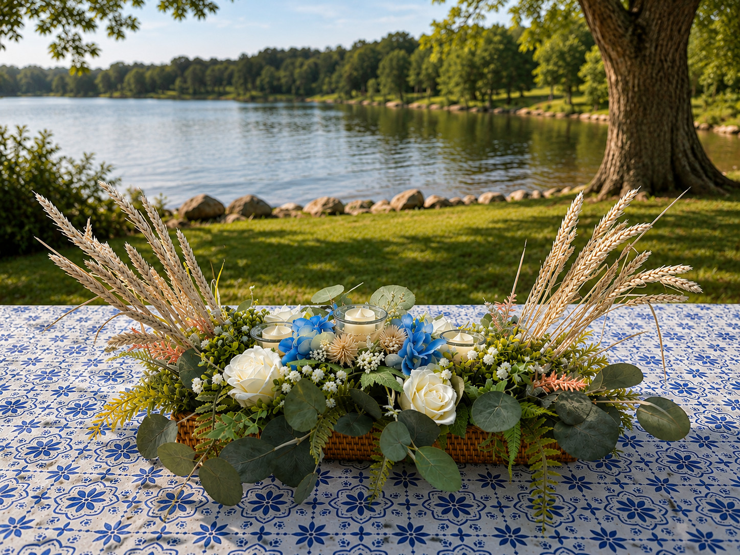 Faux Flowers in Handmade Wooden Box for Dining Table Centerpiece-FREE SHIPPING!