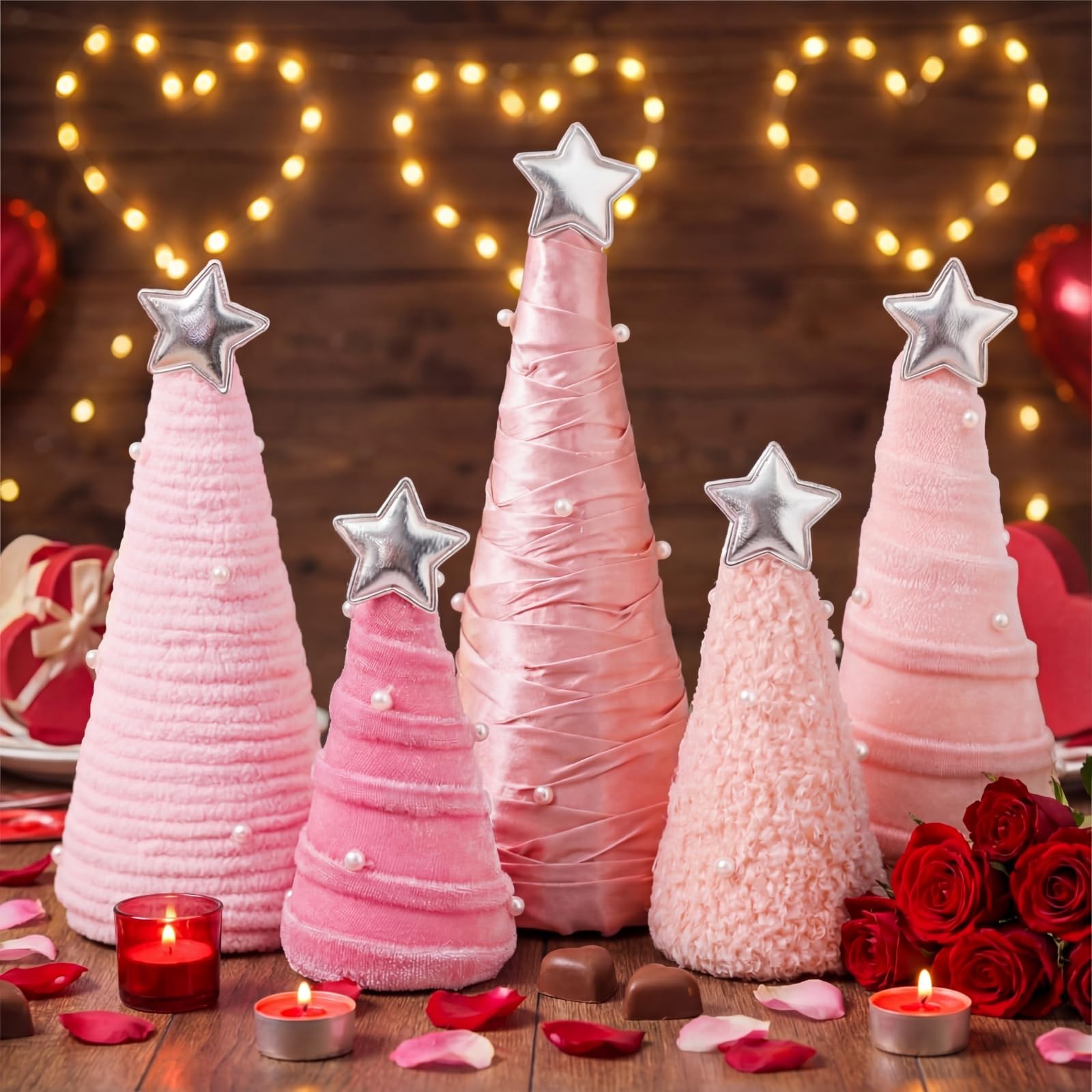 Pink Valentines Day Table Decorations Cone Yarn Tree Velvet Plush Fur 5 PCS