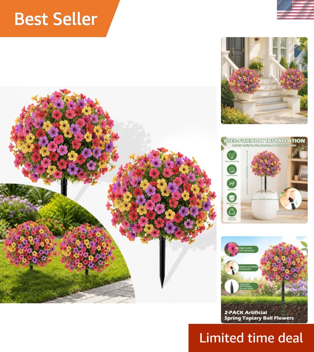 2Pcs 22″ Artificial Topiary Ball Flowers for Outdoors Planters, Spring Summer…