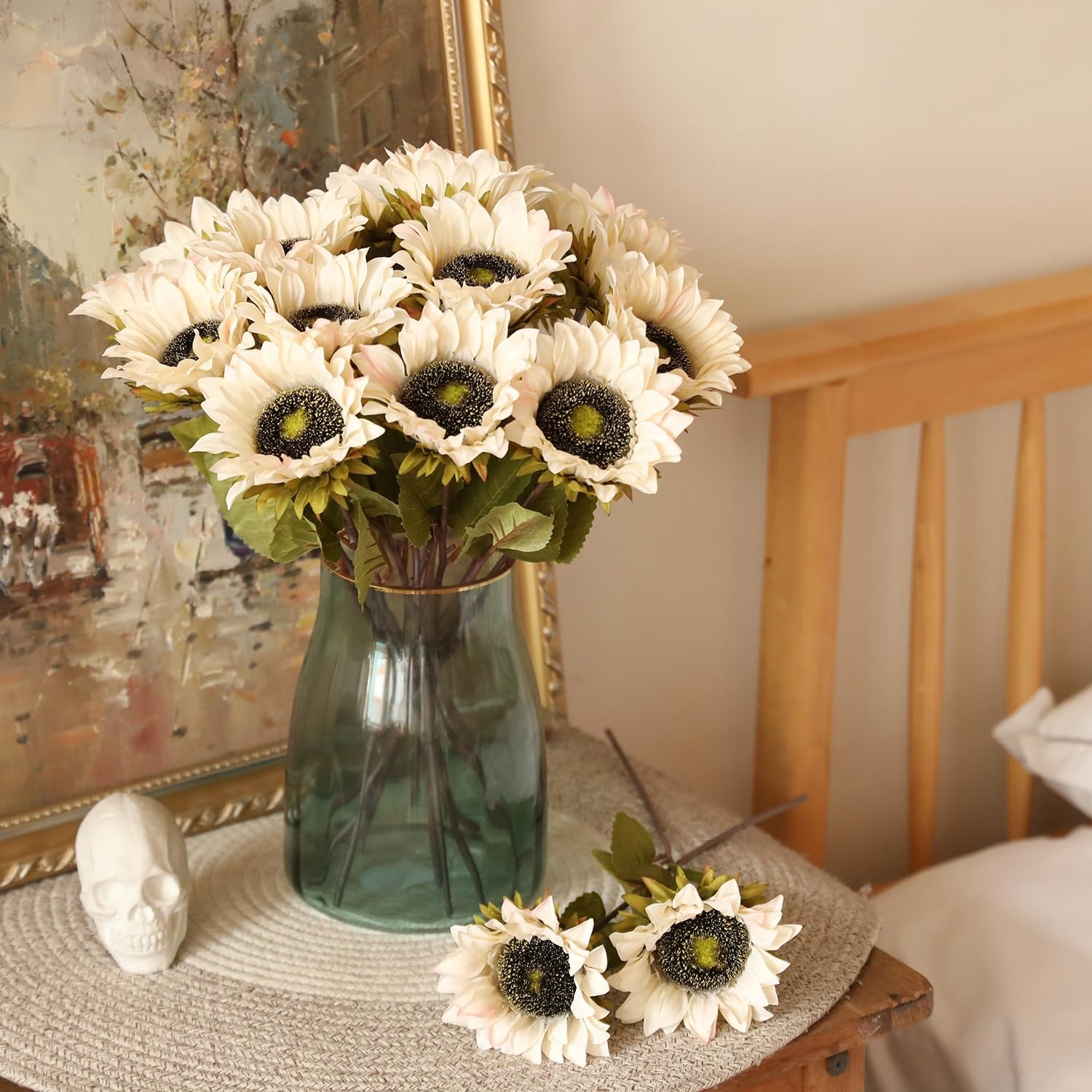 7PCS White Sunflowers Artificial Flowers, Fake Silk Sunflower with Stem Vinta…